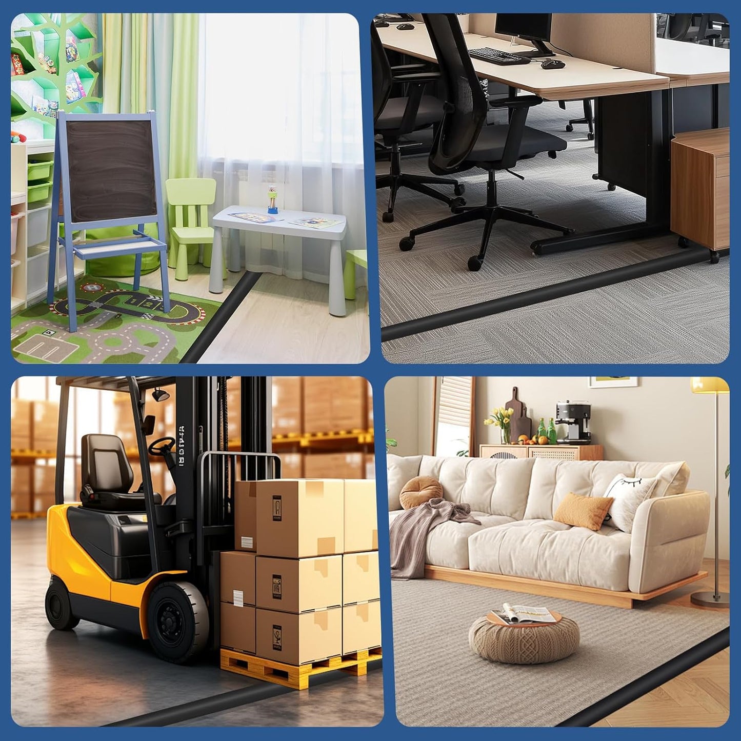 Floor Cord Cover for Wires on Floor Self Adhesive Cord Hider Floor Cable Management Wire Covers for Cords Protector Prevent Cable Trips Cord Cavity W 0.47" x H 0.27", Black, 20Ft