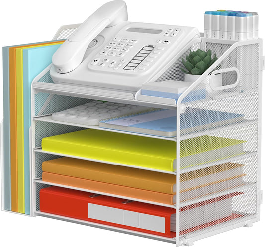 DocNest 5 Tier Paper Letter Tray File Organizer, Mesh Desk File with Handle, Workspace Desk Organizers with Pen Holder, Office Organization Storage Accessories - White