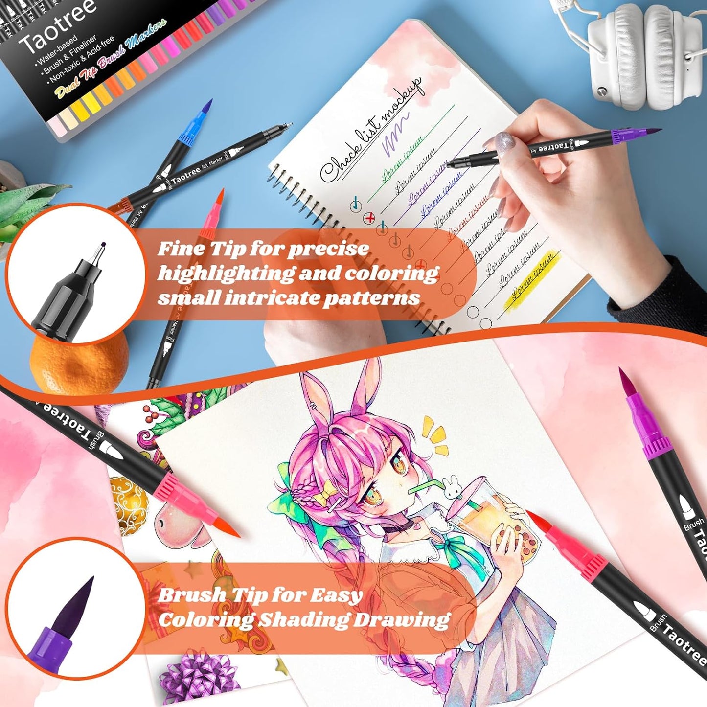 Taotree 36 Colors Dual Tip Art Markers Pens for Adult Coloring Books, Artist Fine & Brush Tip Coloring Marker Drawing Pens for Journaling Note Taking Lettering Calligraphy Craft Art Supplies Set
