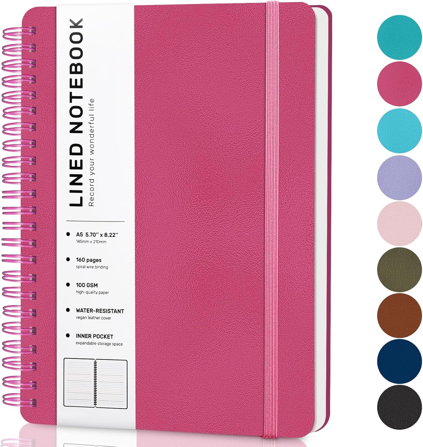 Lined Spiral Journal Notebook, A5 Hardcover Leather Notebook for Work, 5.7''×8.2'', 100GSM Thick Paper Spiral Bound Journaling Notebooks for Women & Men Office School Note Taking Business, Rose Red