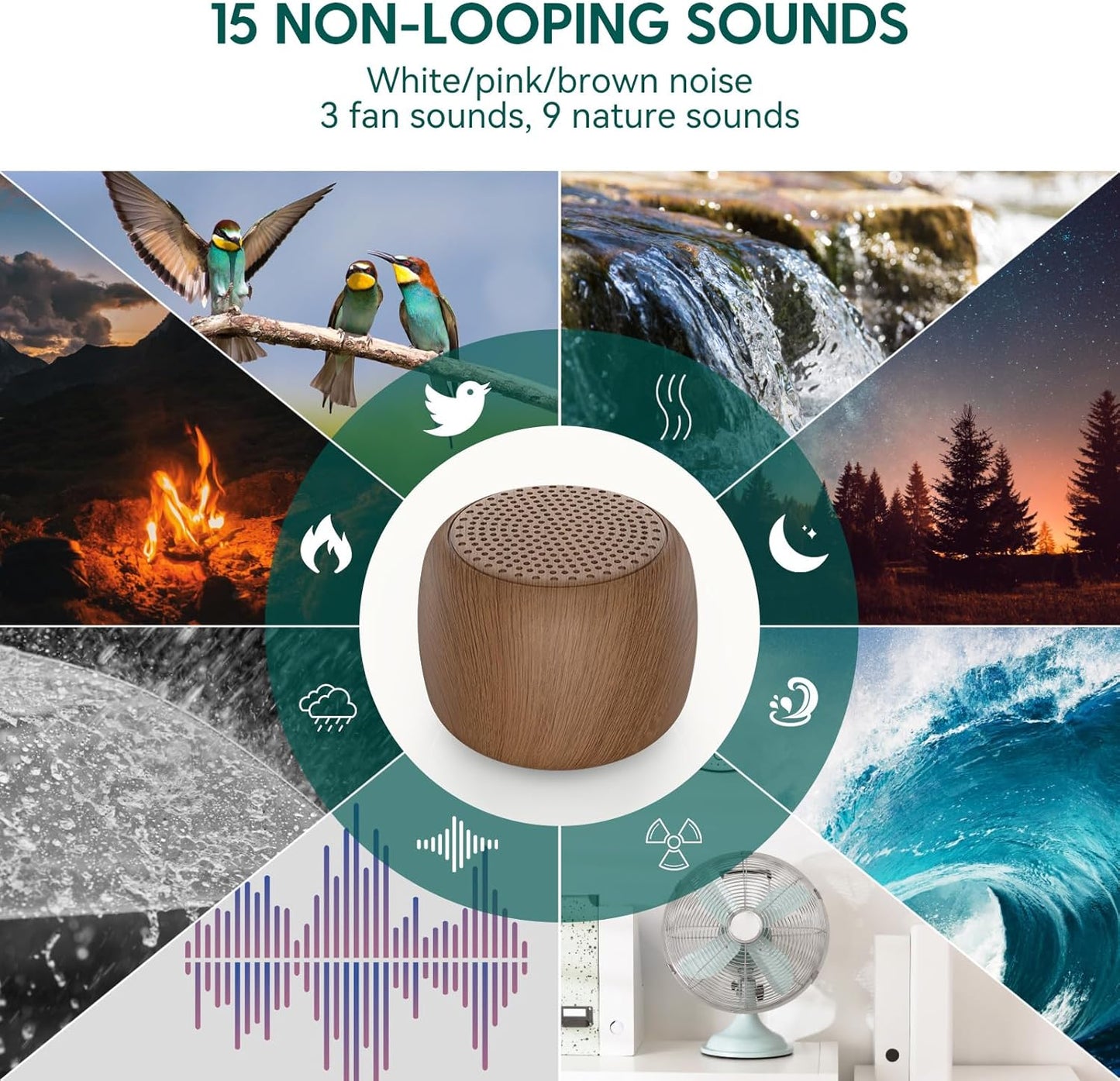 Babelio White Noise Sound Machine for Adults Kids Baby, Mini, 15 Non-looping Sounds, Timer, Memory Function, Easy to Pocket and Travel Wood 2 Pack