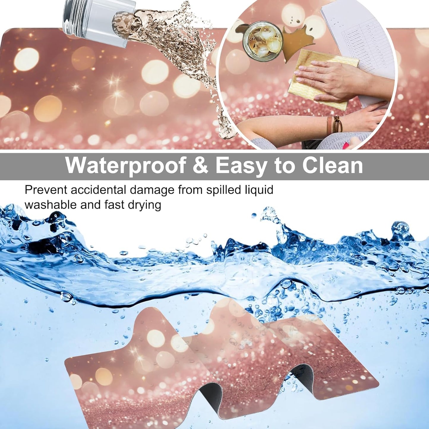 Extended Large Gaming Mouse Pad, Rose Pink Glitter Large Desk Mat for Desktop XXL, Non-Slip Rubber Base Stitched Edges Long Computer Keyboard Desk Pad Mouse Mat for Gaming Home Office 35.4"X15.7"