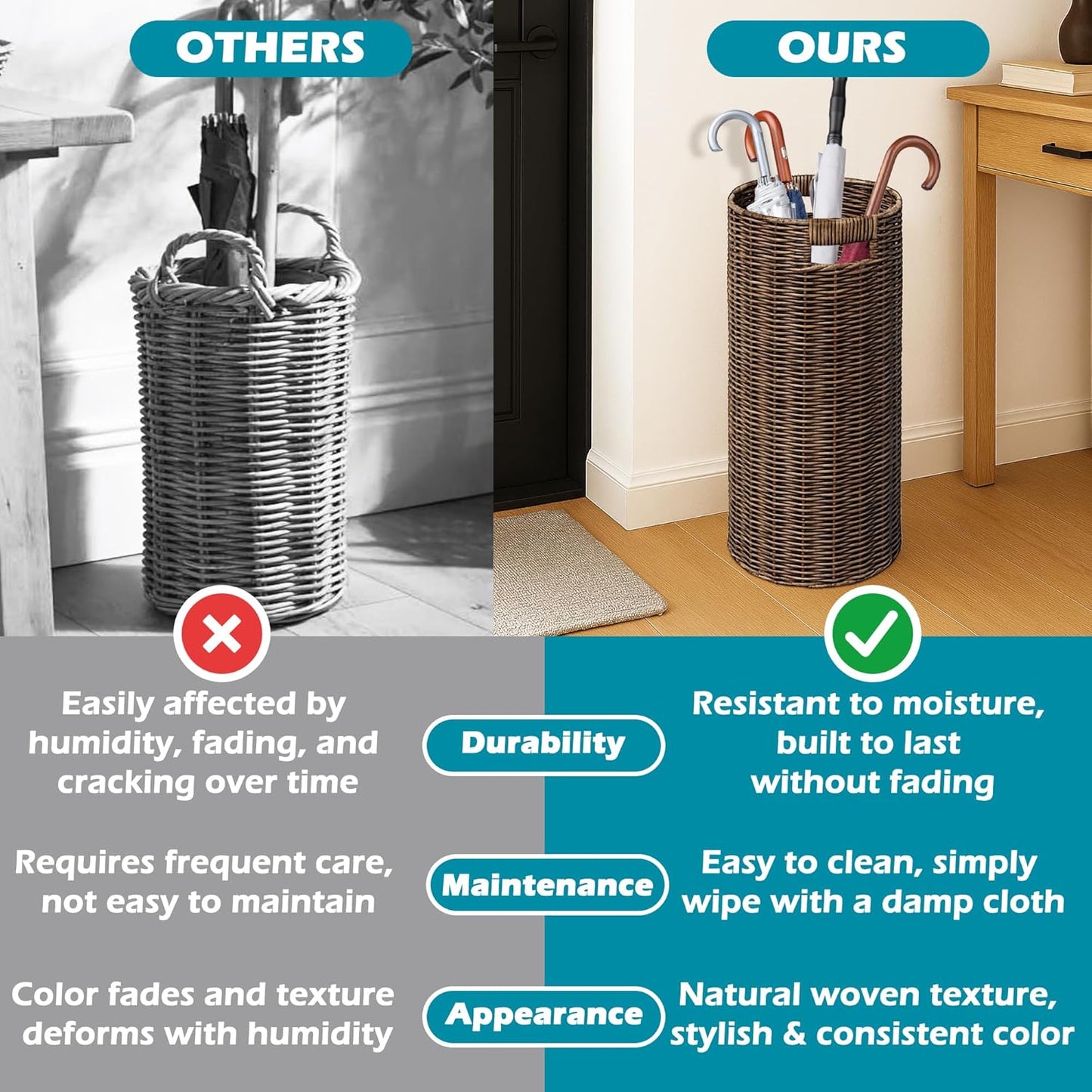 Rattan Umbrella Holder 20.8" H X 10" D,Handmade Wicker Umbrella Stand Indoor with Dip Tray,Sturdy Umbrella Holders for Entryway,Umbrella Bucket Fits Mudroom,Walking Canes,Home,Office (Brown)