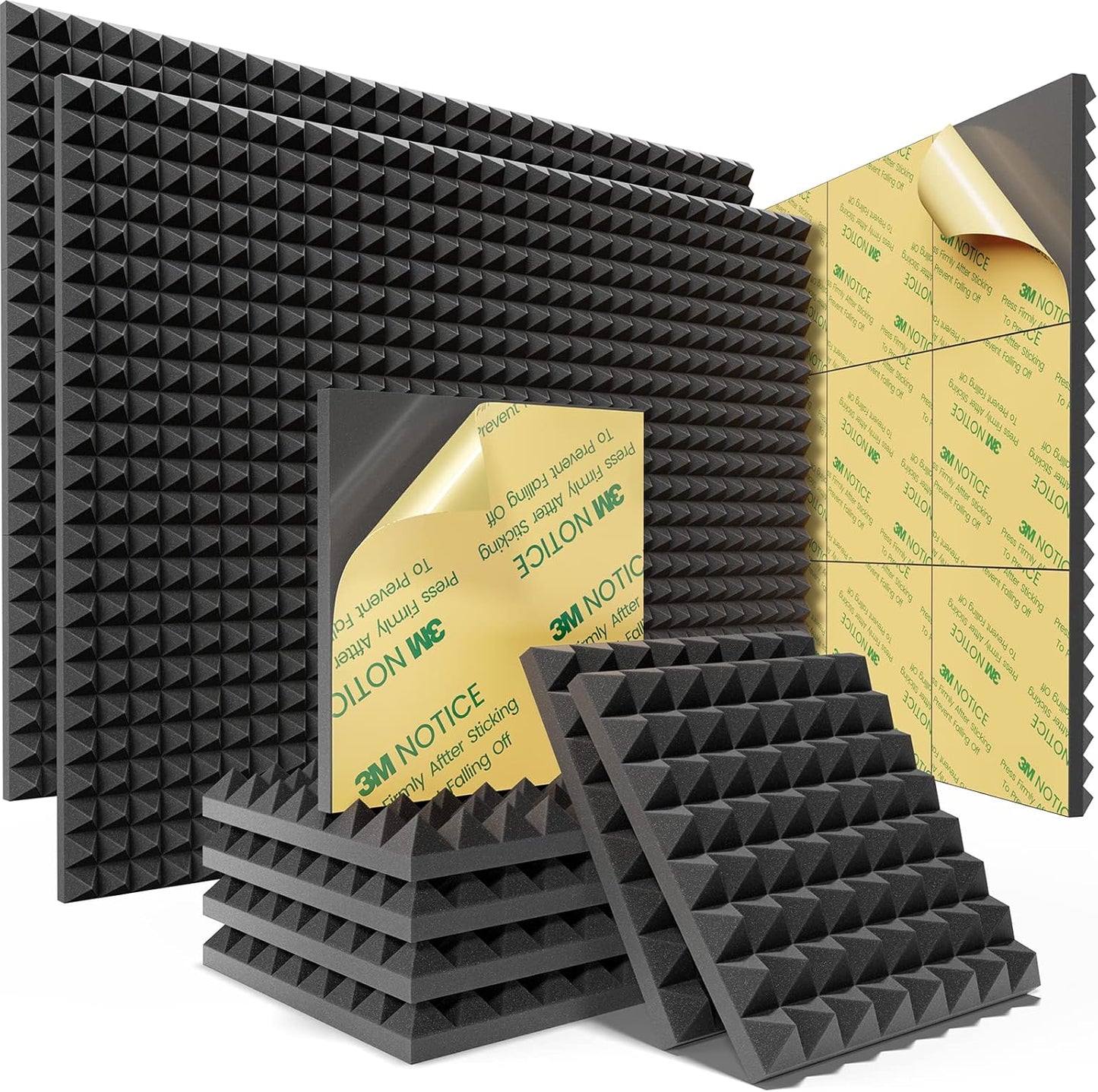 Sonicism Sound Proof Foam Panels for Walls Self-Adhesive Pyramid 48 Pack,12" X 12" X 1"Soundproof Wall Panels,35kg/m³High DensityAcoustic Panels Fast Expand,Sound Absorption and Decoration(Black)