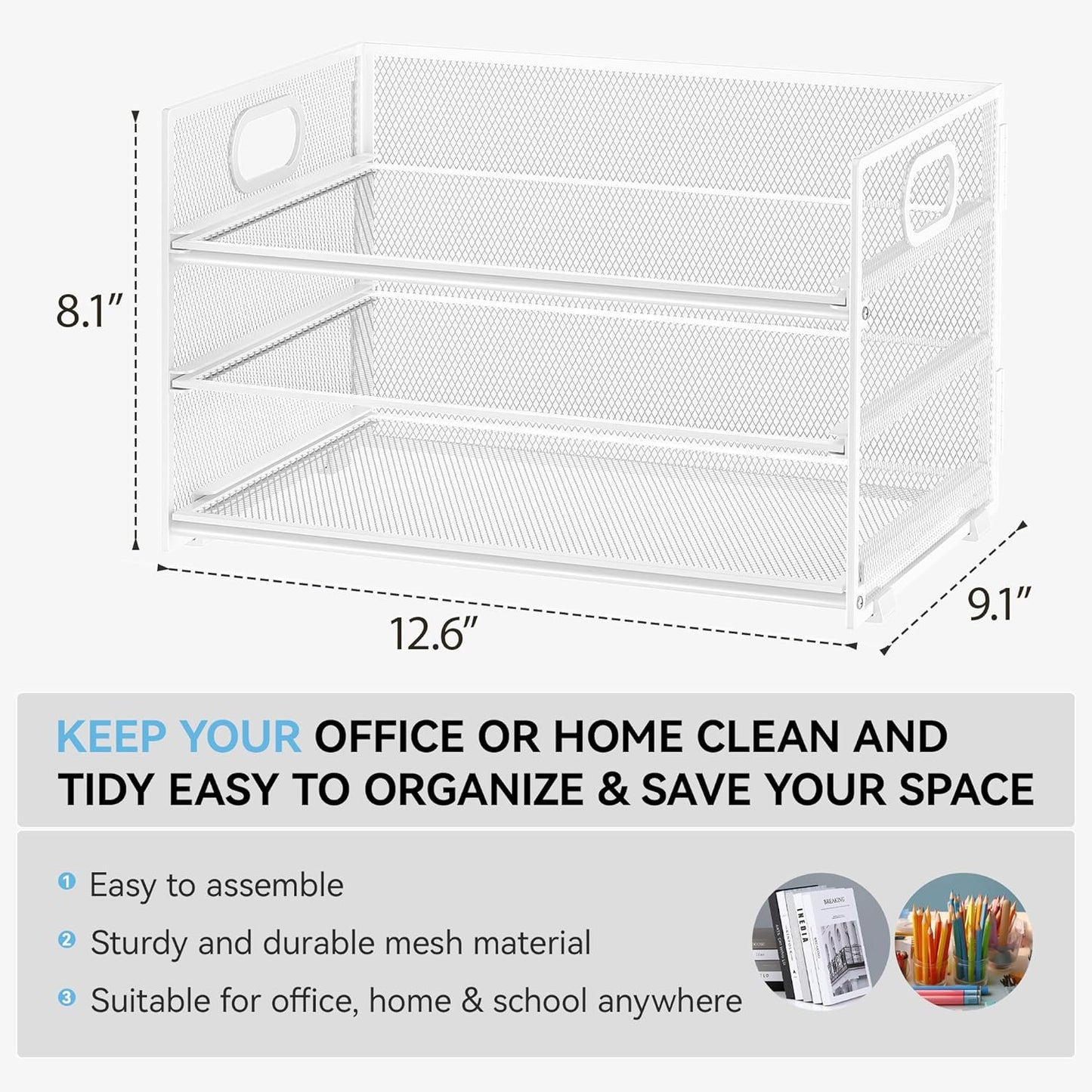Subekyu 3 Tier Letter Tray Paper Organizer with Handle, 1 PC Sliding Tray, White Metal Mesh Desk File Folder Paper Sorter Organizer for Home Office School Desk Supplies Organization Storage