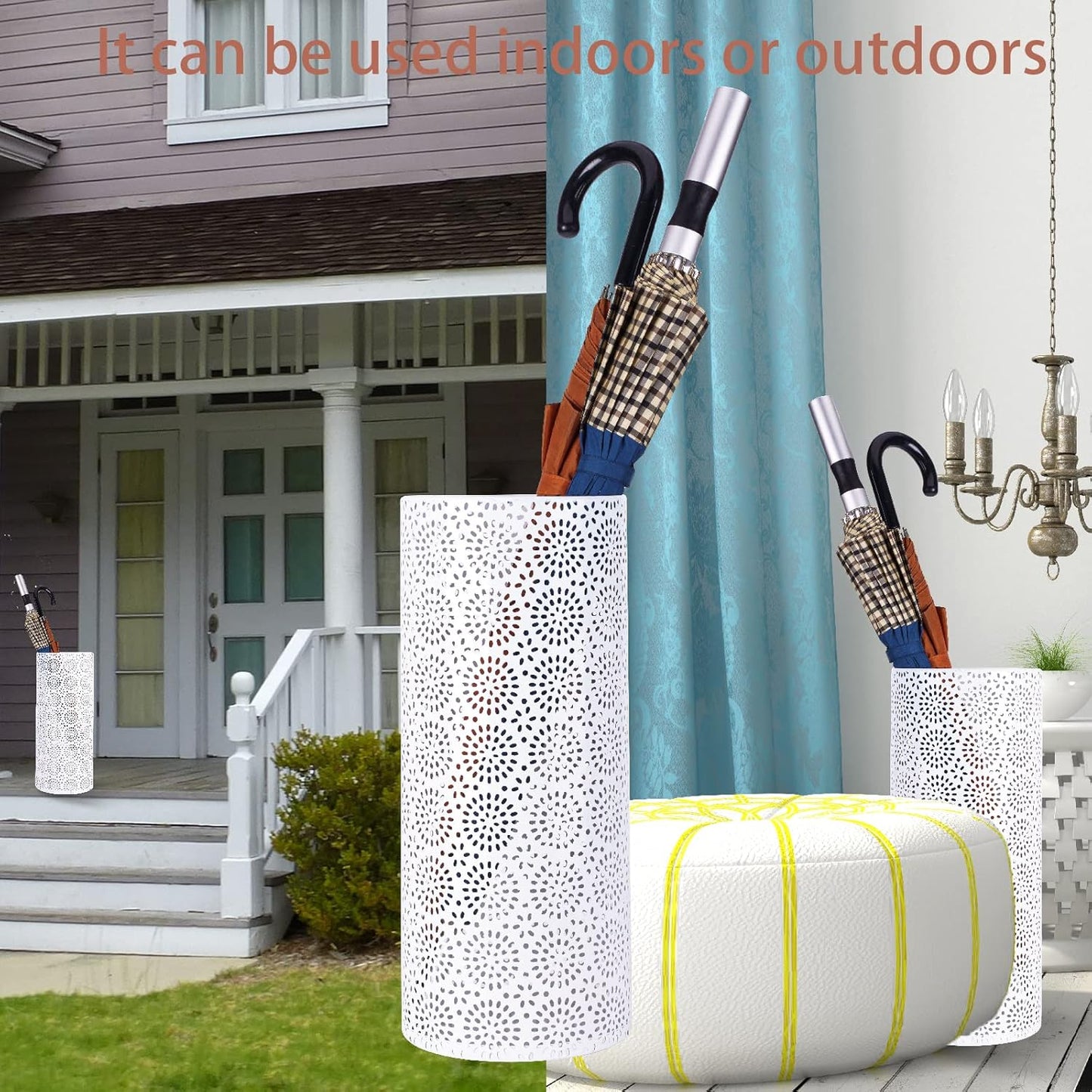 Umbrella Stand Rack for Entryway, Free Standing Metal Umbrella Holder, Round Umbrella Organizer Bin with 3 Hooks for Long Short Umbrella, Walk Stick, Home Office Indoor, 17 x 7 Inch, White