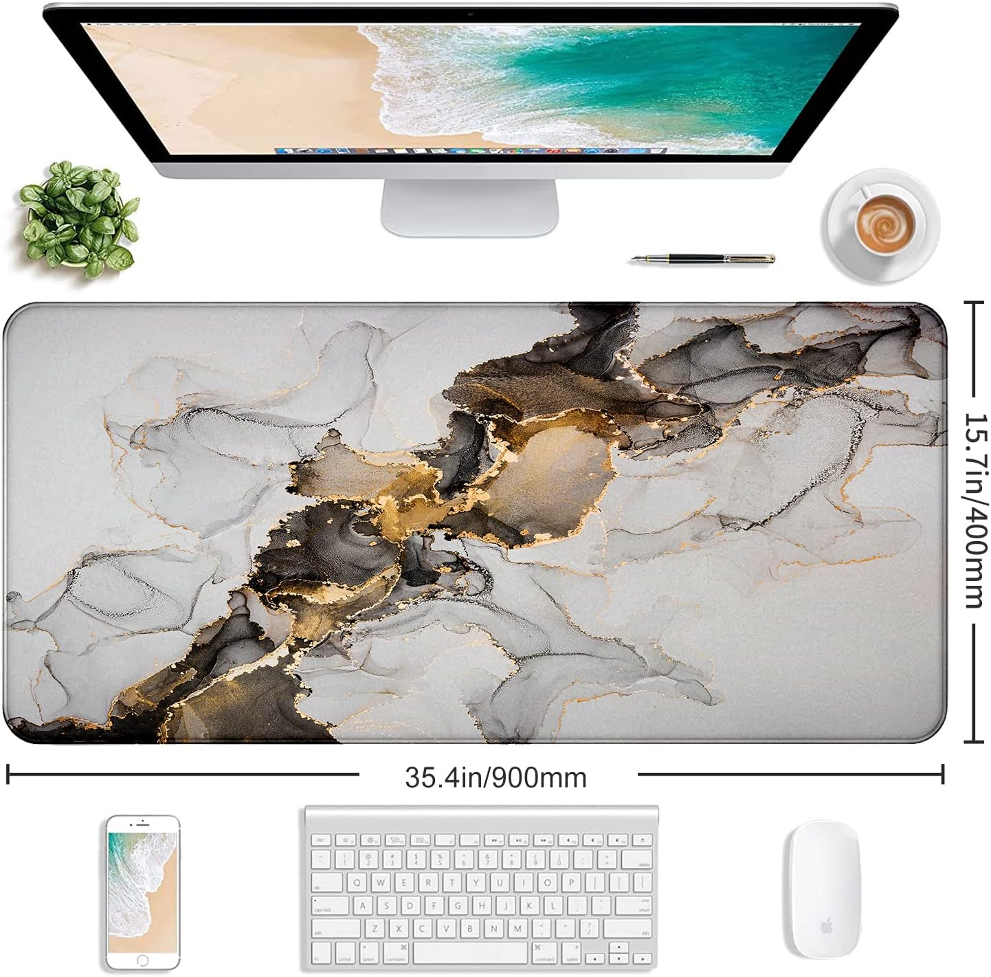 Large Extended Gaming Mouse Pad with Stitched Edges, Non-Slip Waterproof Rubber Base Mouse Pad for Office, Computer, Keyboard, Laptop and Home Desk Pad 35.4 x 15.7 x 0.12 Inch (Marbling)