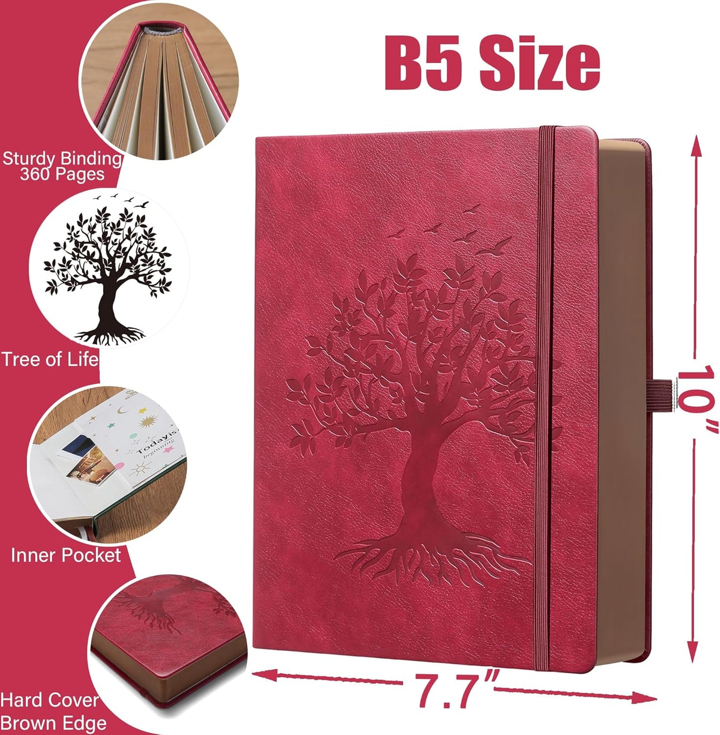 Thick Lined Journal Notebook with Pen, 360 Pages 100gsm Paper, Brown Sprayed Edge, Journal for Writing B5 Ruled Notebook ,Leather Hardcover,Perfect for Work, Office or School, 7.8'' x 10'' Wine Red