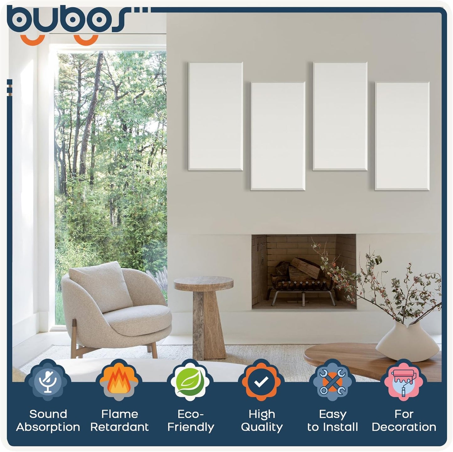 BUBOS 4 PCS Acoustic Panels,23.6''x11.8'' Fabric Soundproof Wall Panels,Self-adhesive Sound Absorbing Panels for Studios, Office, Home Theater, Fabric-Clad Off-White