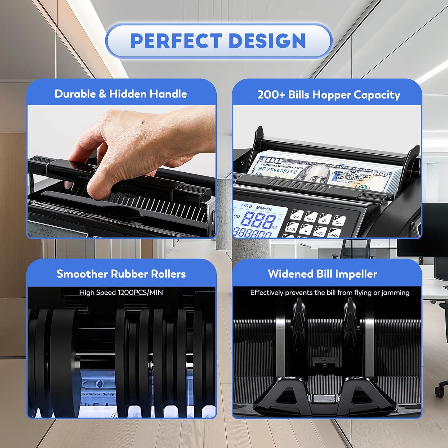 Money Counter Machine with Value Count,4" LED Display,Cash Counter for Dollar/Euro with UV/MG/IR/DD Detection, Bill Counting with Count/Add/Batch/Auto Modes,Bill Counter Fast Counting 1,200/Min