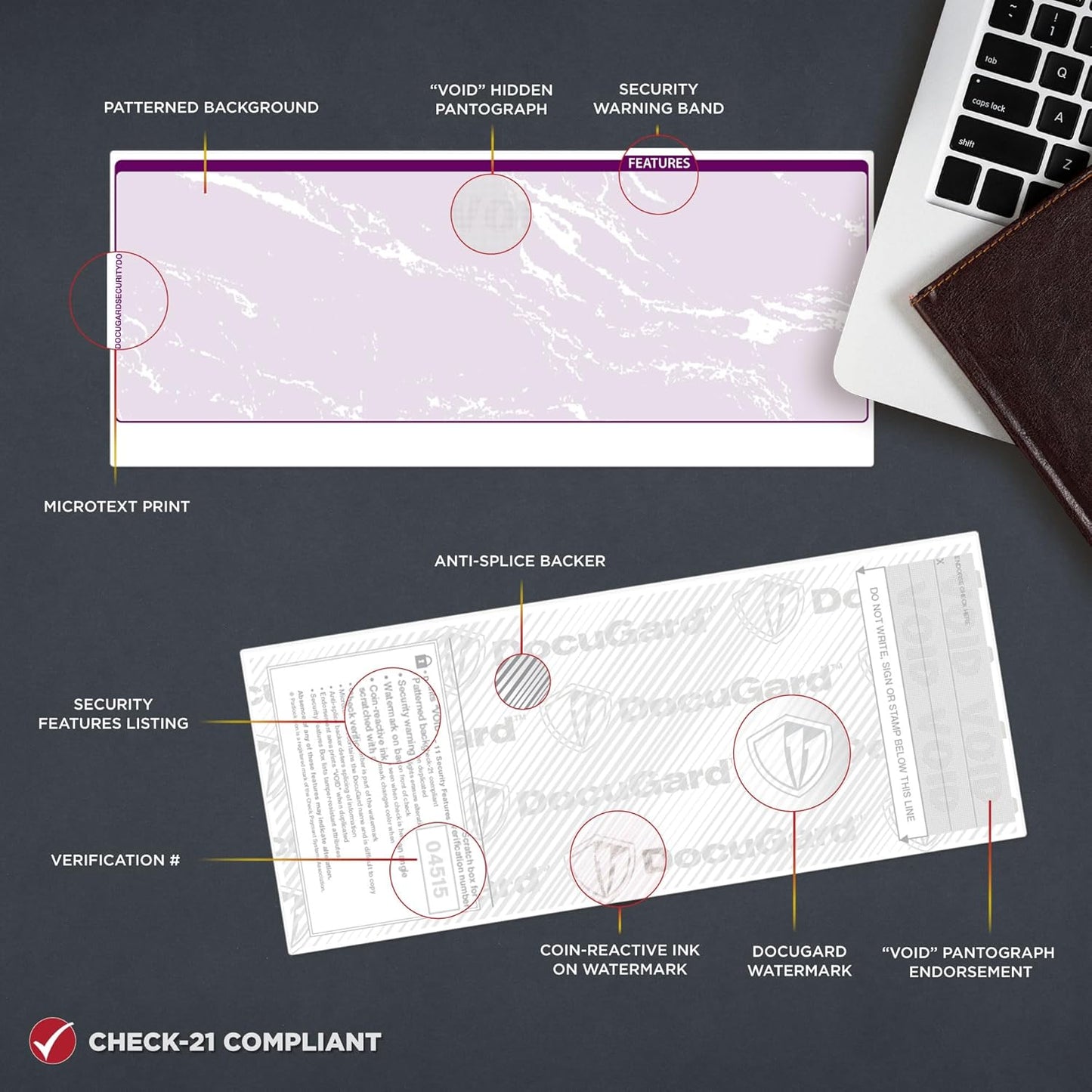 DocuGard Standard Purple Marble Middle High Security Check Paper - Laser/Inkjet Printer Compatible - 11 Security Features - 500 Blank Business Checks (04515)