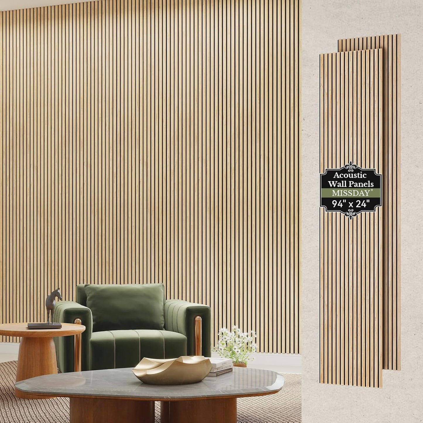 MISSDAY Wood Slat Acoustic Wall Panels, 2 Packs 94.5" x 23.4" Oak Soundproof Panel For Interior Wall Decor Noise Absorbing-3D Textured Wooden Panel Sound-Absorbing for Home, Office, Studio