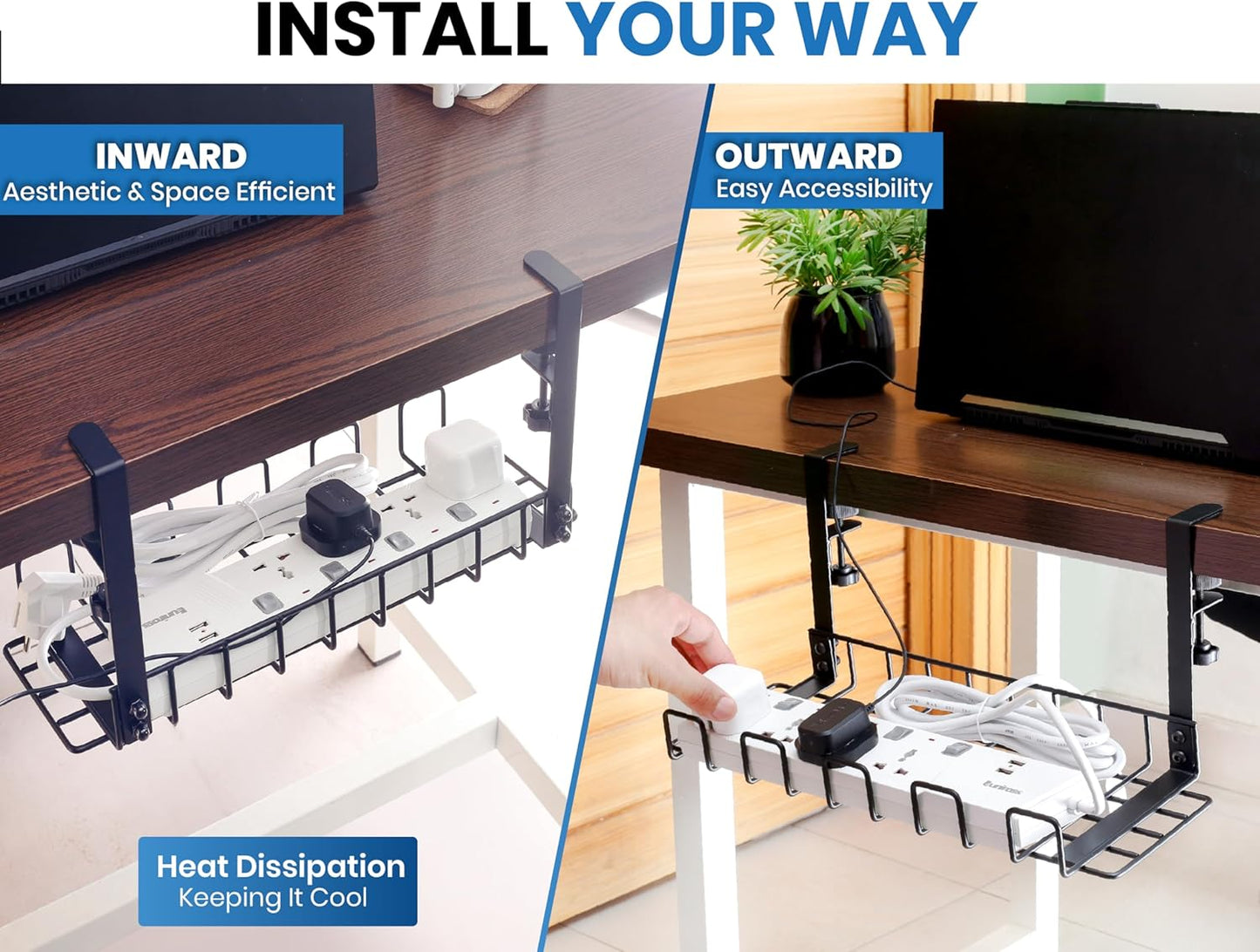 Under Desk Cable Management Tray, 16” No Drill Cord Organizer with Clamps for Wire Management, 4mm Sturdy Wire Desk Cable Organizer Tray, Cable Management Rack for Home & Office (Pack of 2)