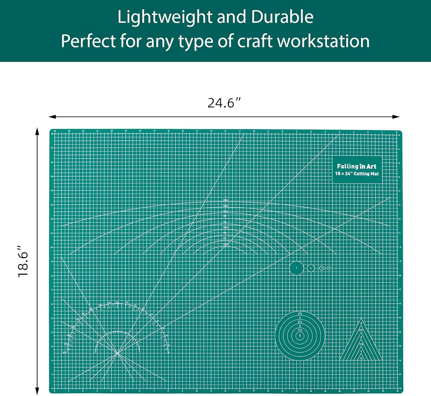 Falling in Art Self Healing Cutting Mat, 18x24" Cutting Mats for Sewing, Double-sided 5-Ply Fabric Cutting Board for Crafting, Quilting and Sewing Projects, Green