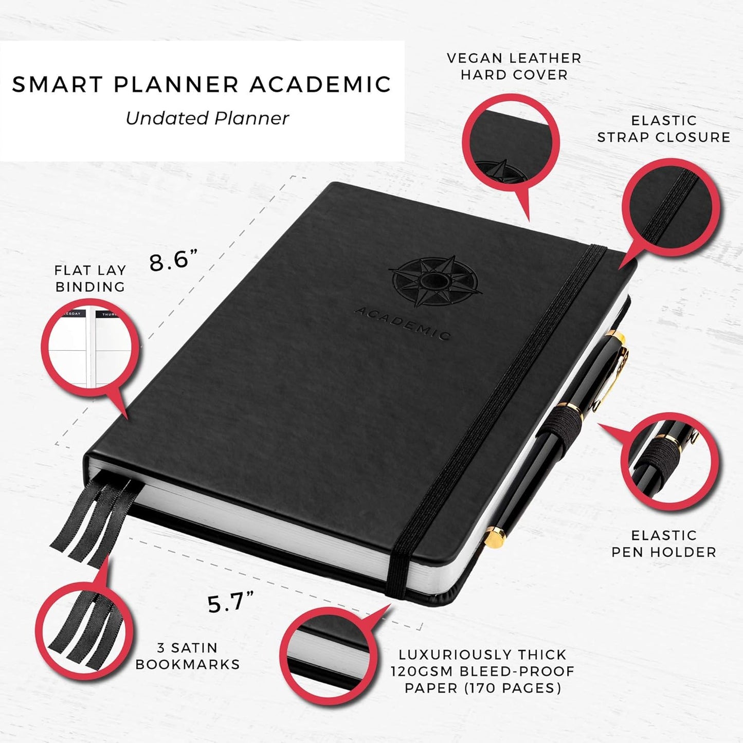 Academic Planner - Daily, Weekly, and Monthly Scheduling - 8.3 x 5.8 Inches - Undated Student Planner for Maximizing Focus and Productivity - 2020-2021 Reference Calendars (Black)