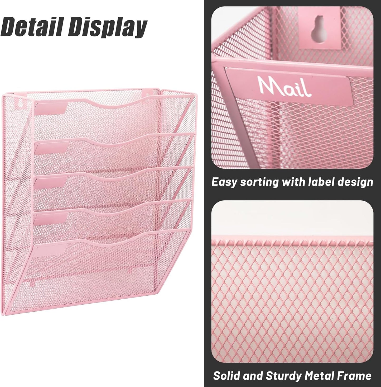 EASEPRES 5 Pocket Mesh Hanging Wall File Organizer, Wall Mounted Mail Paper Document Folder Holder, Clipboard Storage Organization Magazine Rack with Nametag Label for Office Home School, Pink