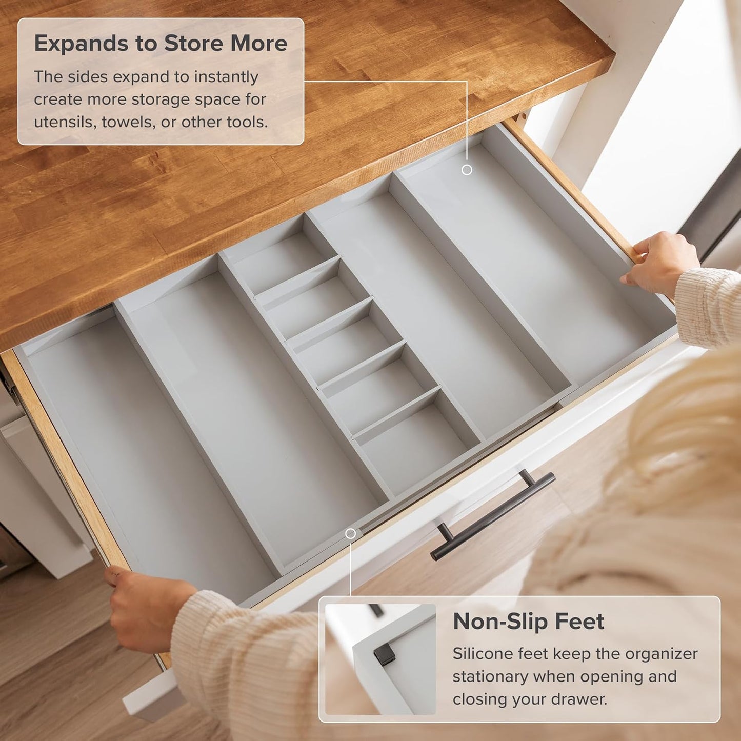 Adjustable Kitchen Drawer Organizer for Utensils and Junk, Food-Safe Contract Grade with 100% Sustainable Wood, Expandable from 19 to 33 Inches Wide - Gray Bamboo