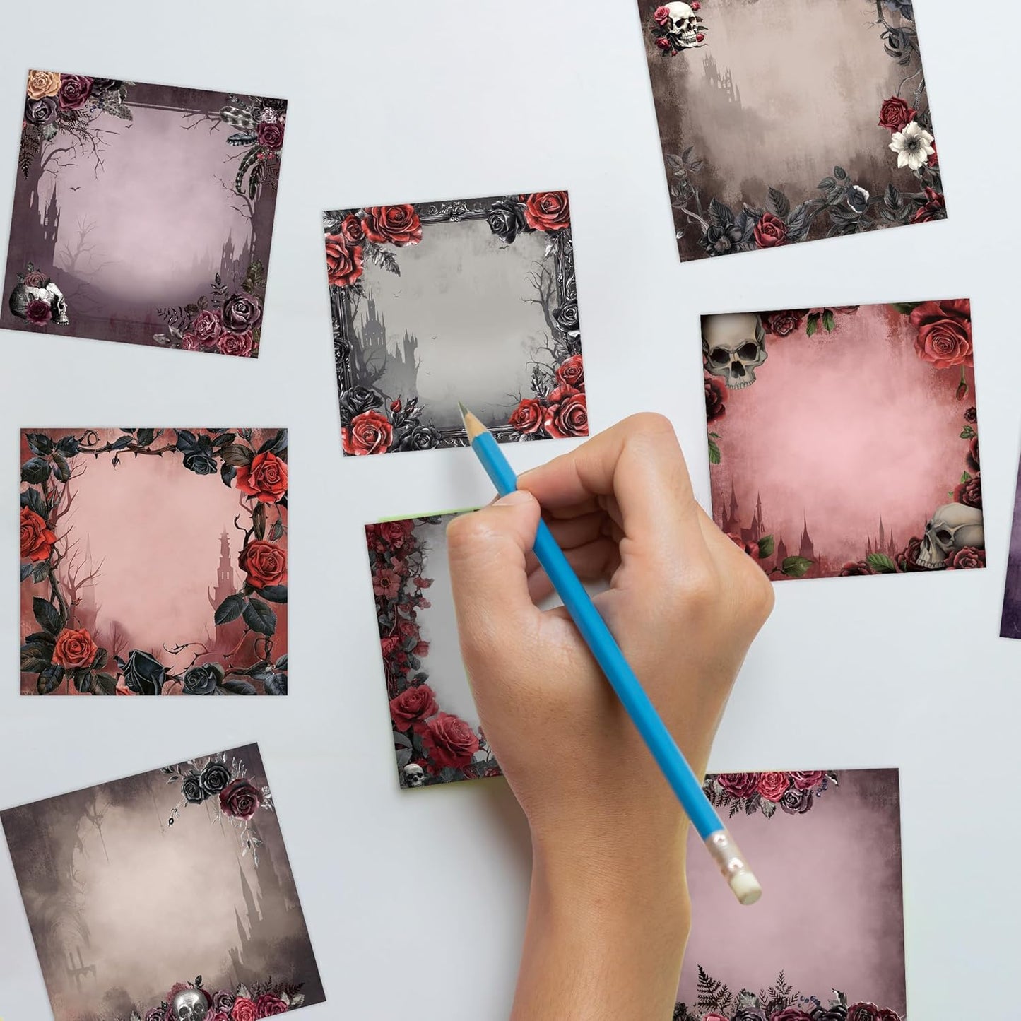 9 Pack Dark Romance Sticky Notes Set, 450 Sheets Gothic Halloween Self-Stick Notepads with Skull Rose Designs, Aesthetic Witchy Stationery Gifts for Women Teens