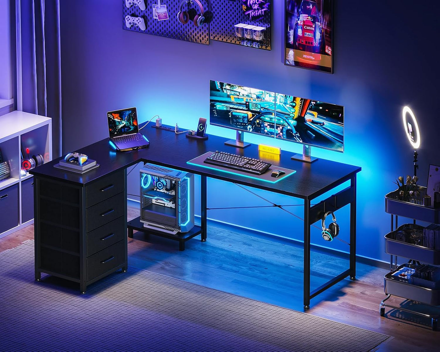 Casaottima L Shaped Desk with 4 Tier Drawers, 53" Gaming Desk with Power Outlets & USB, Reversible L-Shaped Computer Desk with CPU Stand, Home Office Corner Desk with Storage, Easy Assemble, Black