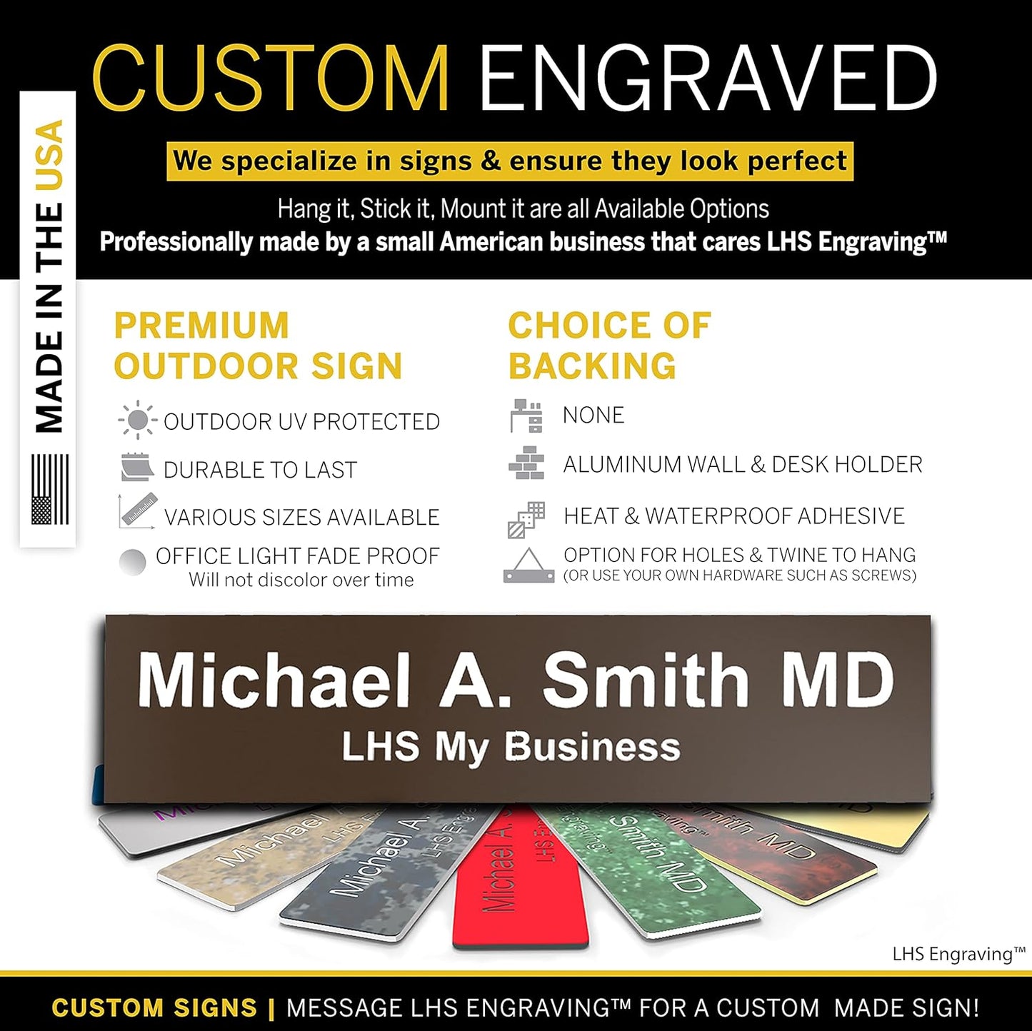 Door Name Plate Personalized for Office Brown Plastic Name Plate with White Letters - Made in USA 2x10 B25