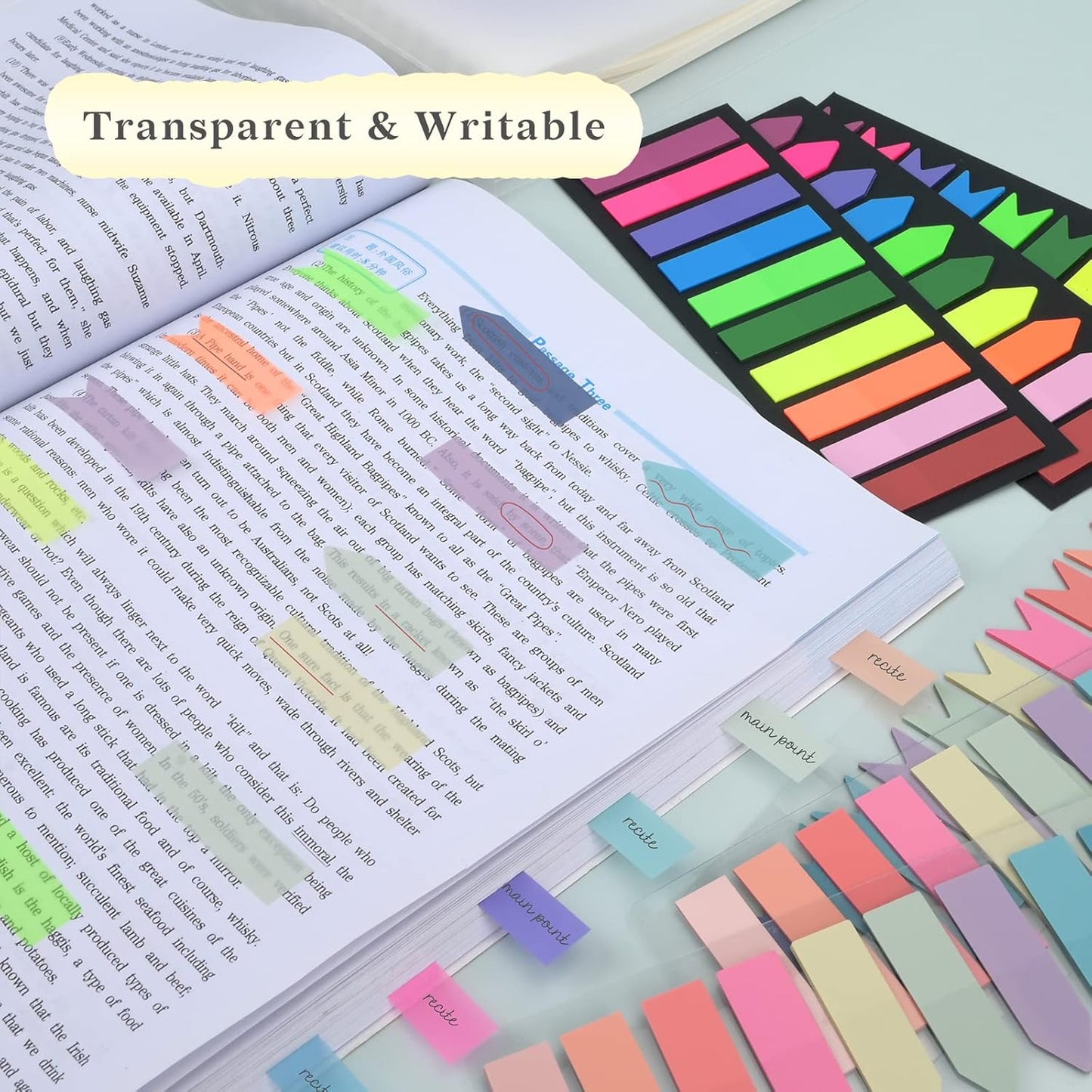 Temiary 1200 Pieces Transparent Sticky Index Tabs, Page Markers for Annotating, Translucent Colored Arrow Flag Tab for Bookmarks Bible Tabs Notebook School Supplies