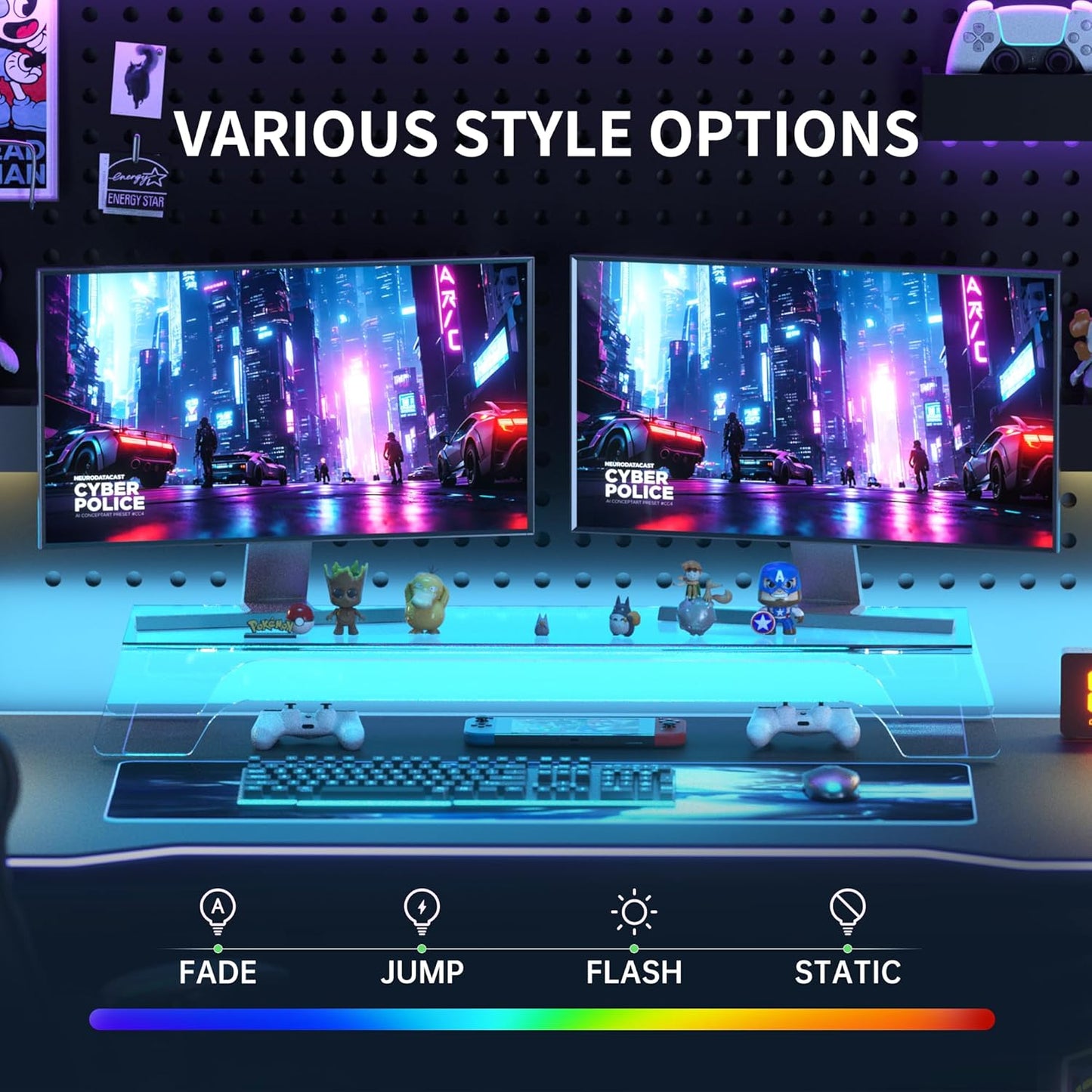 Clear Acrylic Dual Monitor Stand Riser,LED Light 31.5 Inch Computer Monitor Stand for 2 Monitors,Office Desktop Organizer for Laptop,PC,Computer,Printer