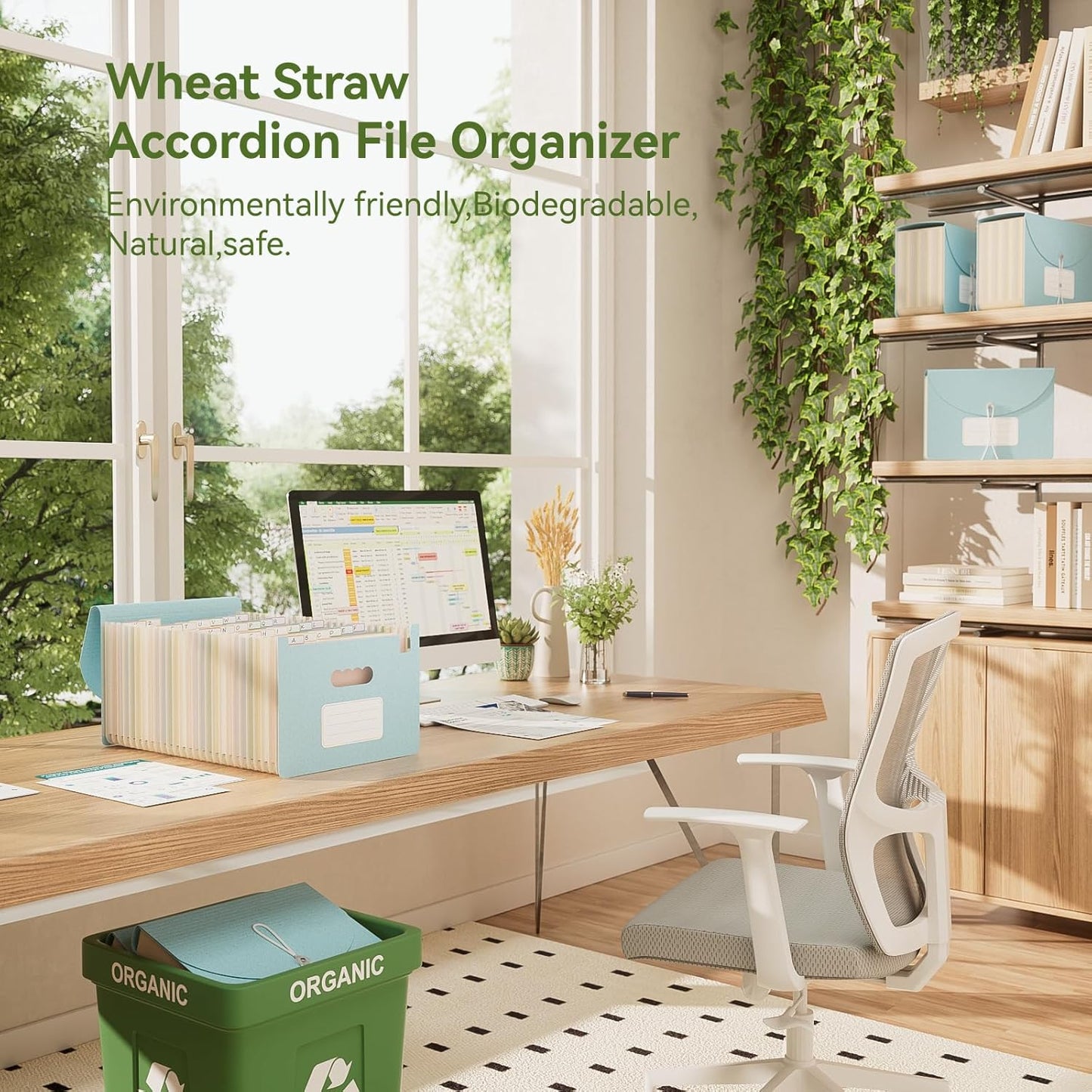 Accordion File Organizer, 26 Pockets Wheat Straw Expanding File Folder, Monthly Bill Receipt Organizer, A-Z Tabs, 100% BPA Free, Return to Nature, Healthy Living, Letter/A4 Size - Sky Blue