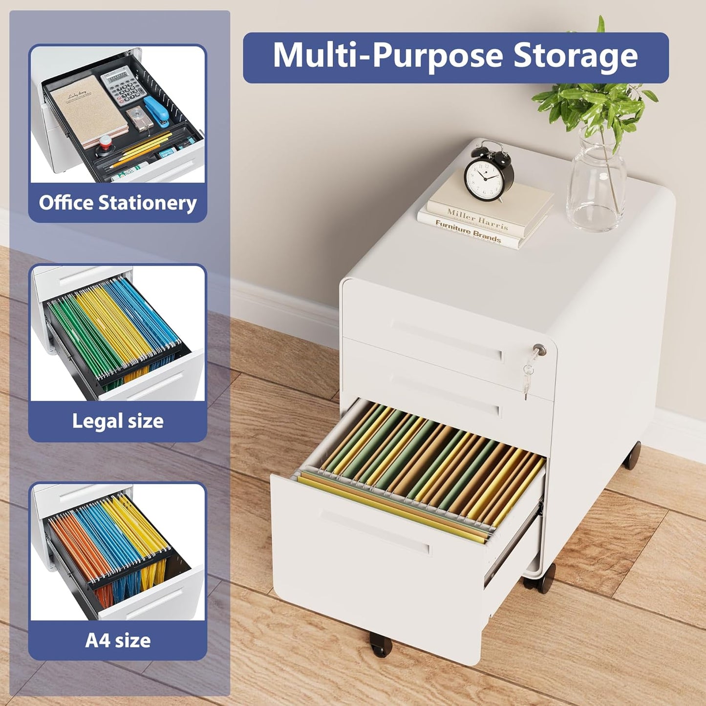 Rolling File Cabinet with Lock, 3 Drawer Metal Mobile Filing Cabinet Office Under Desk for Legal/Letter Size, Fully Assembled Except Casters