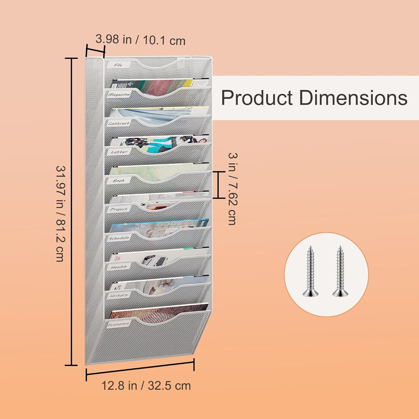 10 Tier Hanging Wall File Holder, Metal A4 Wall Mounted Document Holder, Vertical Hanging Mail Organizer, Magazine Storage Rack with Tray for Office Home Classroom, White