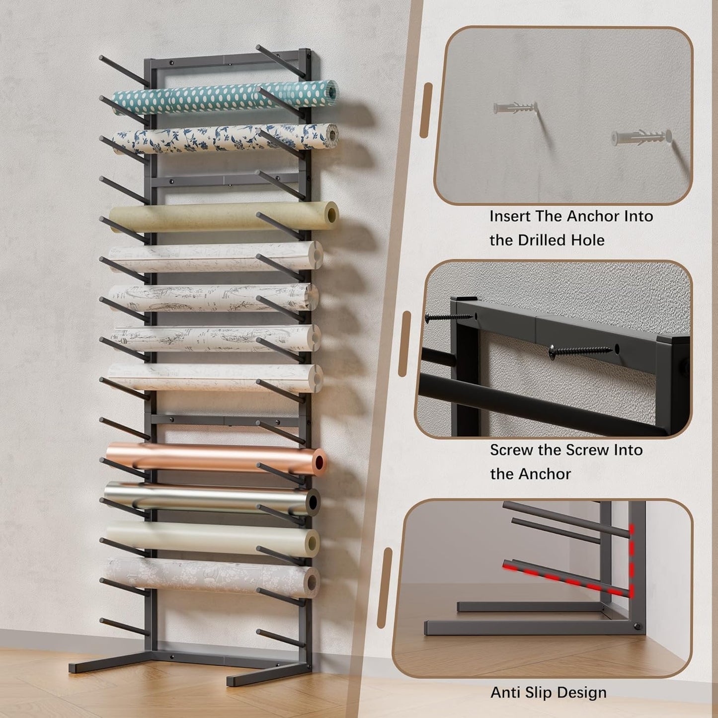 GIOTORENT Wall Mount Blueprint Storage Rack,15-Tier Heavy Duty Blueprint Holder for Construction Plan, Posters,Vinyl Rolls, Art Prints, Max 30lb/Arm, Easy Mount for Home, Office(Matte Black)