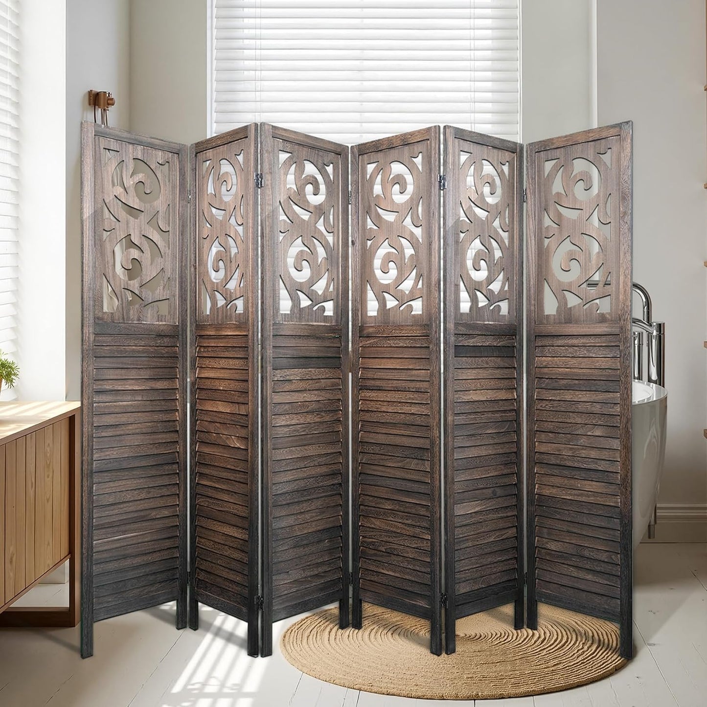 6 Panel Room Divider, 5.6FT Folding Carved Room Divider Screen, Free Assembled Freestanding Partition for Home Office Bedroom, Brown