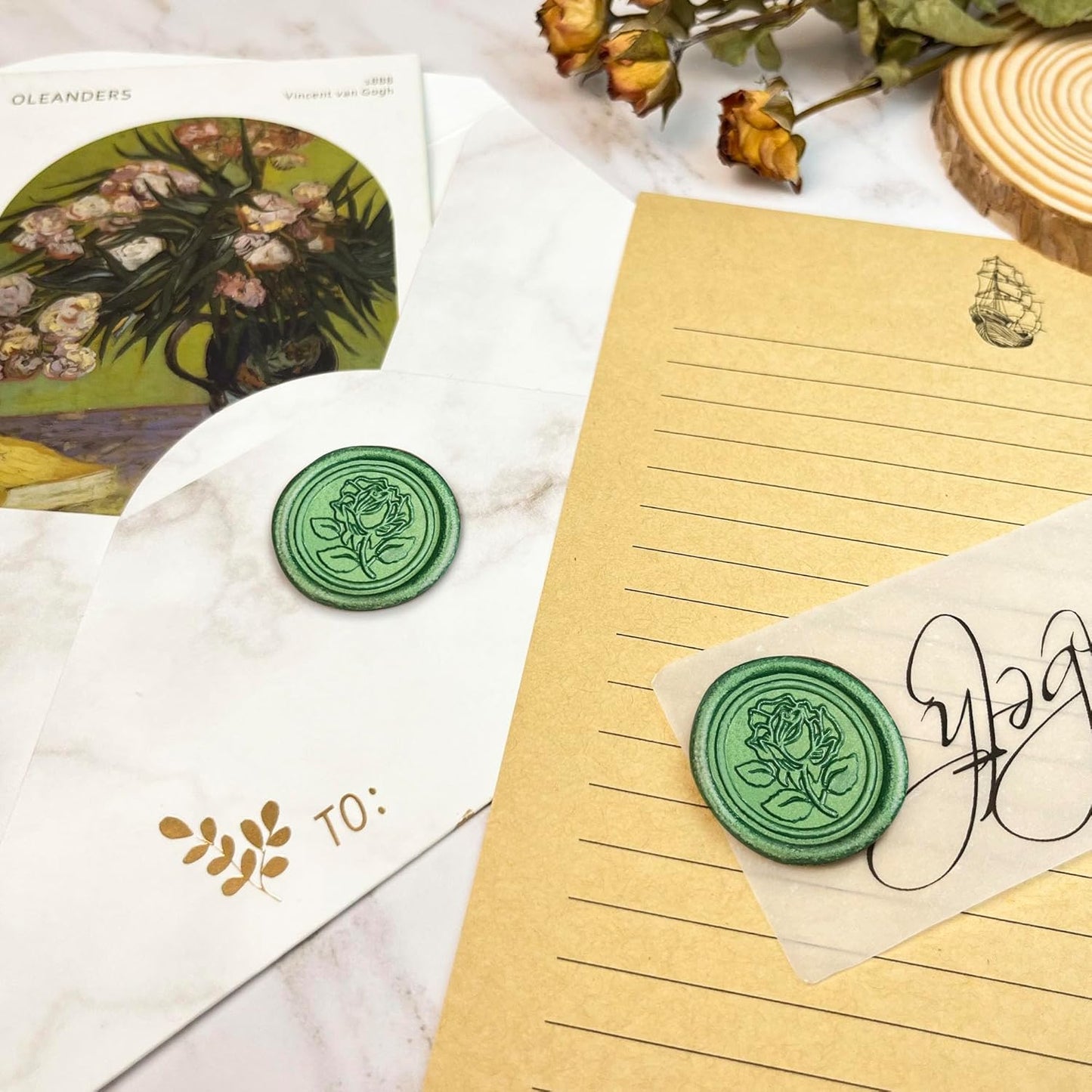 100Pcs Wax Seal Stickers Handmade Envelope Seals Self Adhesive Wax Stickers for Wedding Party Invitations, Envelope, Gift Wrap, Christmas(Rose Style, Green)