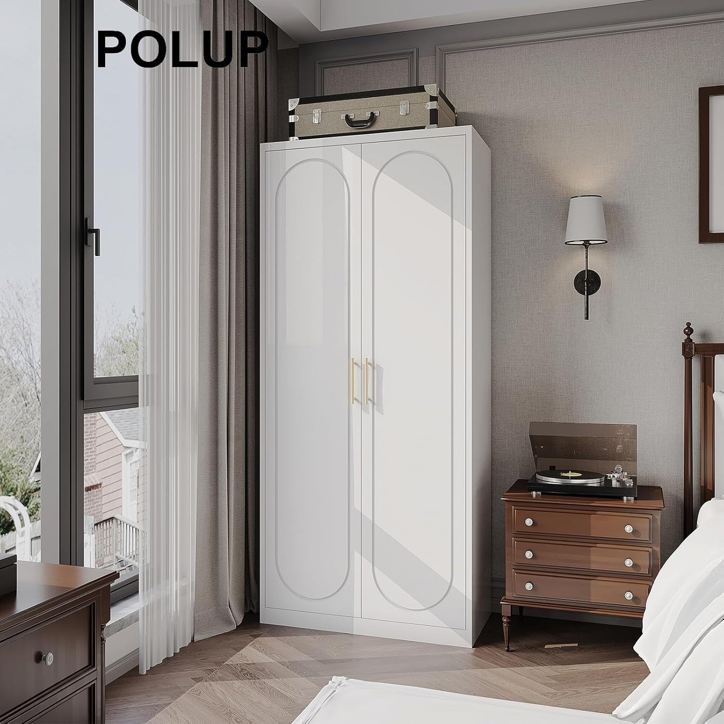 Metal Wardrobe Cabinet for Hanging Clothes, 71" Tall Armoire Wardrobe Closet with Hanging Rod, White Clothing Storage Cabinet with Doors and Shelves, Large Closet for Bedroom-Assemble Required