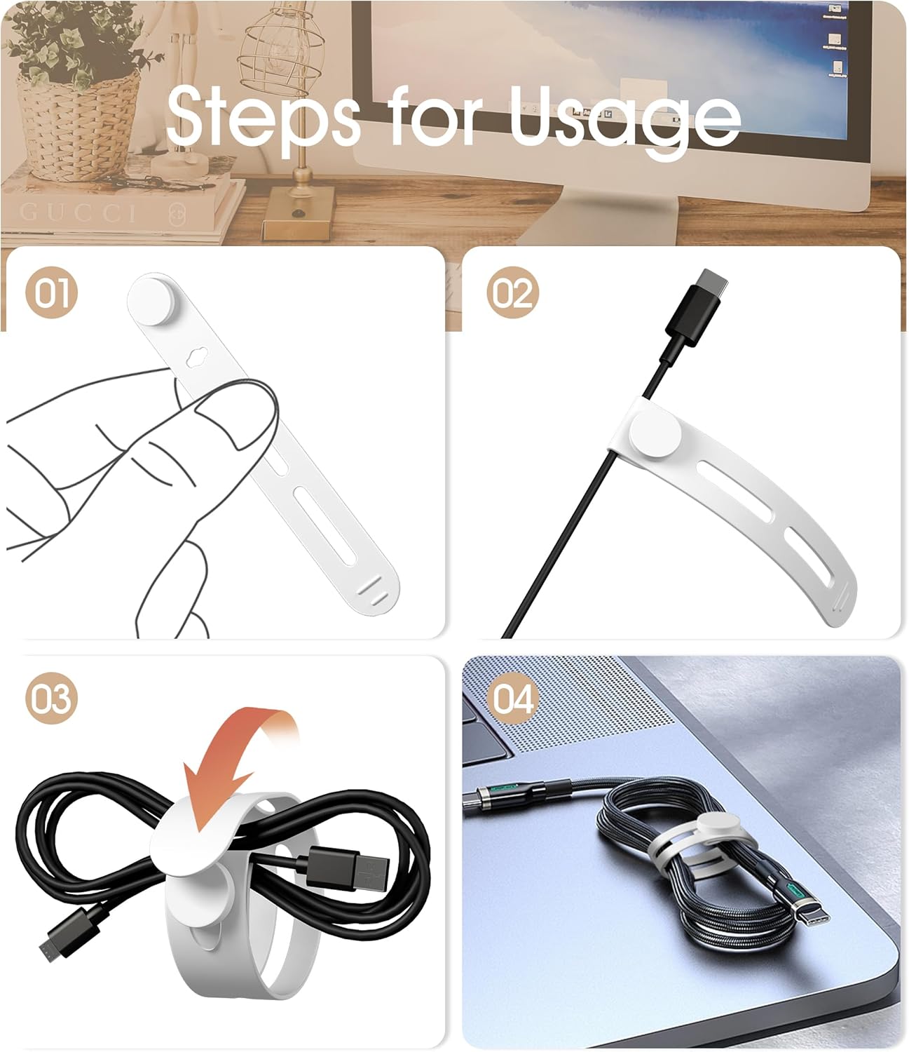 20Pcs Nearockle Reusable Cable Ties, Adjustable Silicone Cord Organizer Small Zip Ties for Charging Cords Earphone Computer Wire, Office Desk Cable Management Travel Accessories(White)