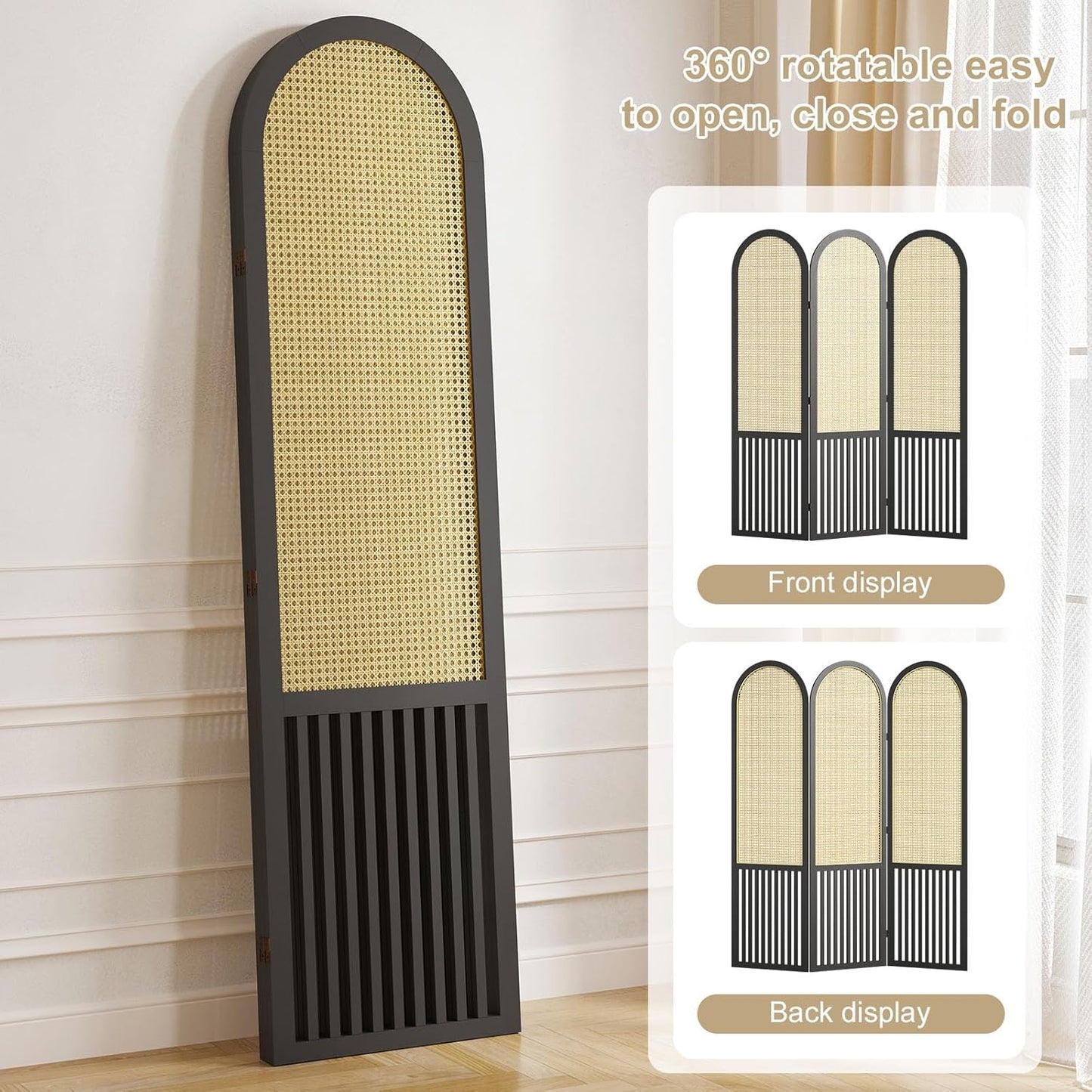 3-Panel Hand-Woven Rattan Room Divider, Tall Foldable Privacy Screen with Wooden Frame - Freestanding Portable Partition for Home Office, Bedroom, Bathroom(Black-Pine)