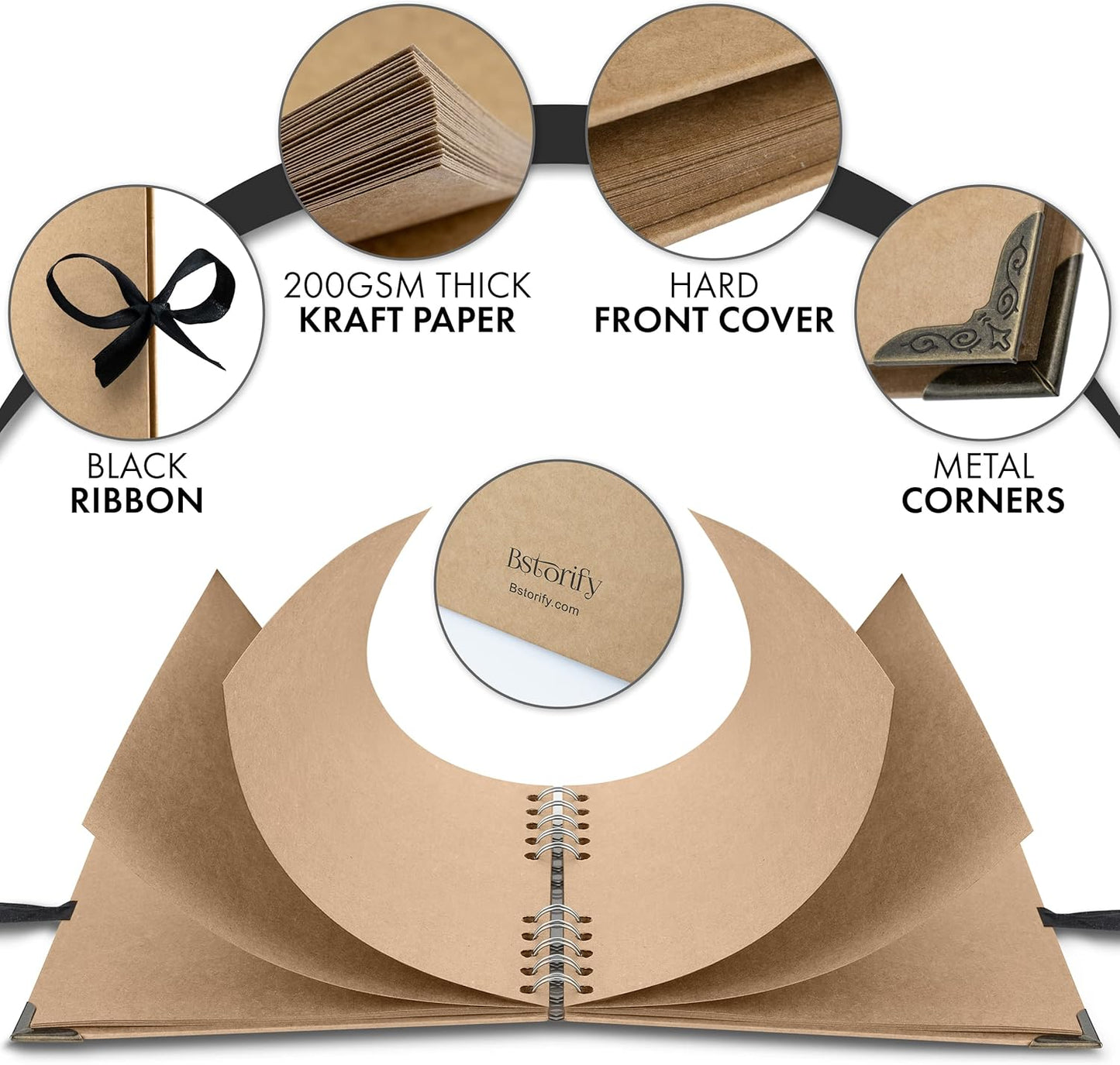 Bstorify Square Scrapbook Photo Albums 36 Pages (7 x 7 inch) Brown Thick 200gsm Kraft Paper Scrap Book, Ribbon Closure - Ideal for Your Scrapbooking Albums, Art & Craft Projects (7 x 7 Inch, Brown)