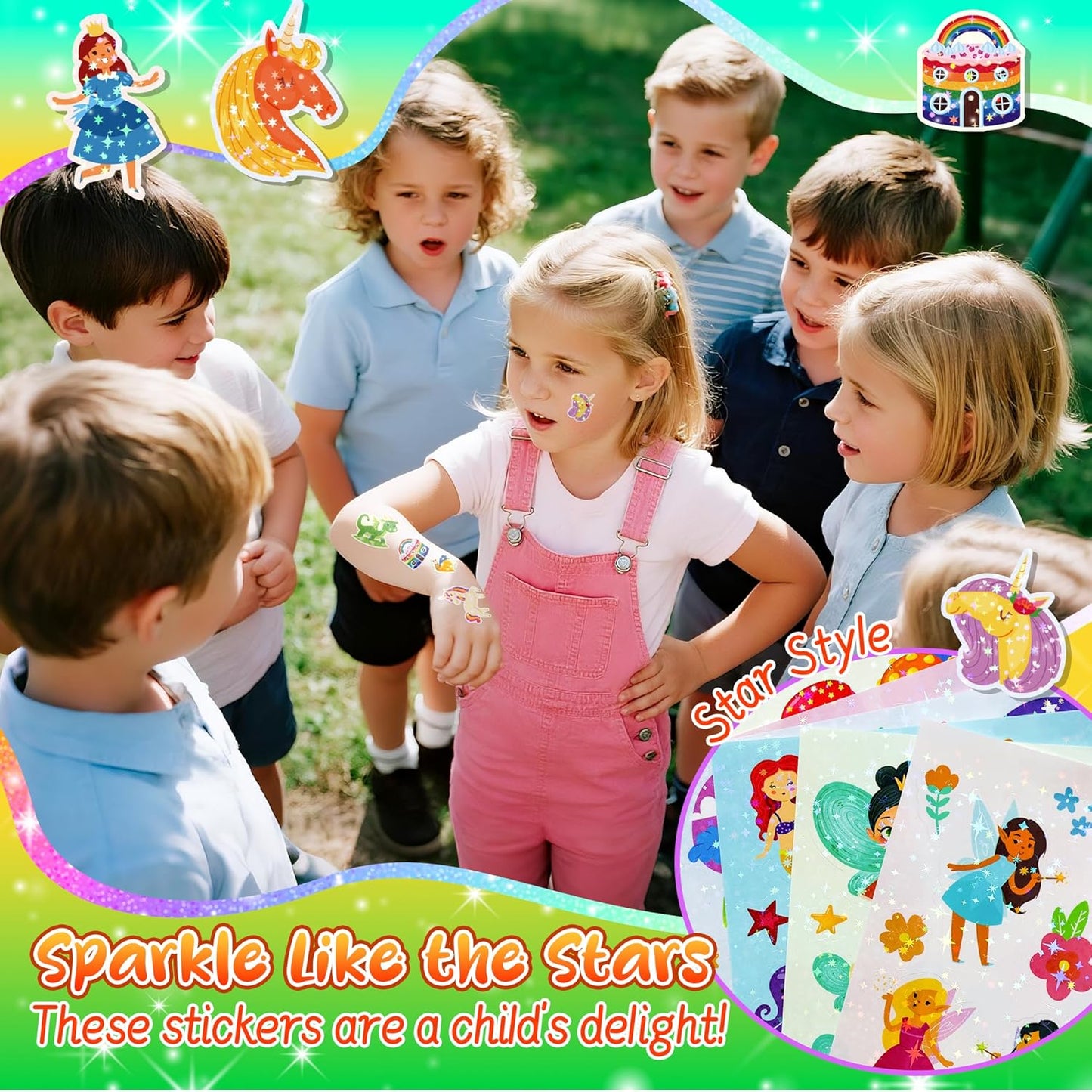 300+ Holographic Stickers for Kids, 15 Different Sheets of Fairy Tale Themed Glitter Kids Stickers, Princess, Mermaid, Dragon, Unicorn and More, Gifts for Toddlers Boys and Girls