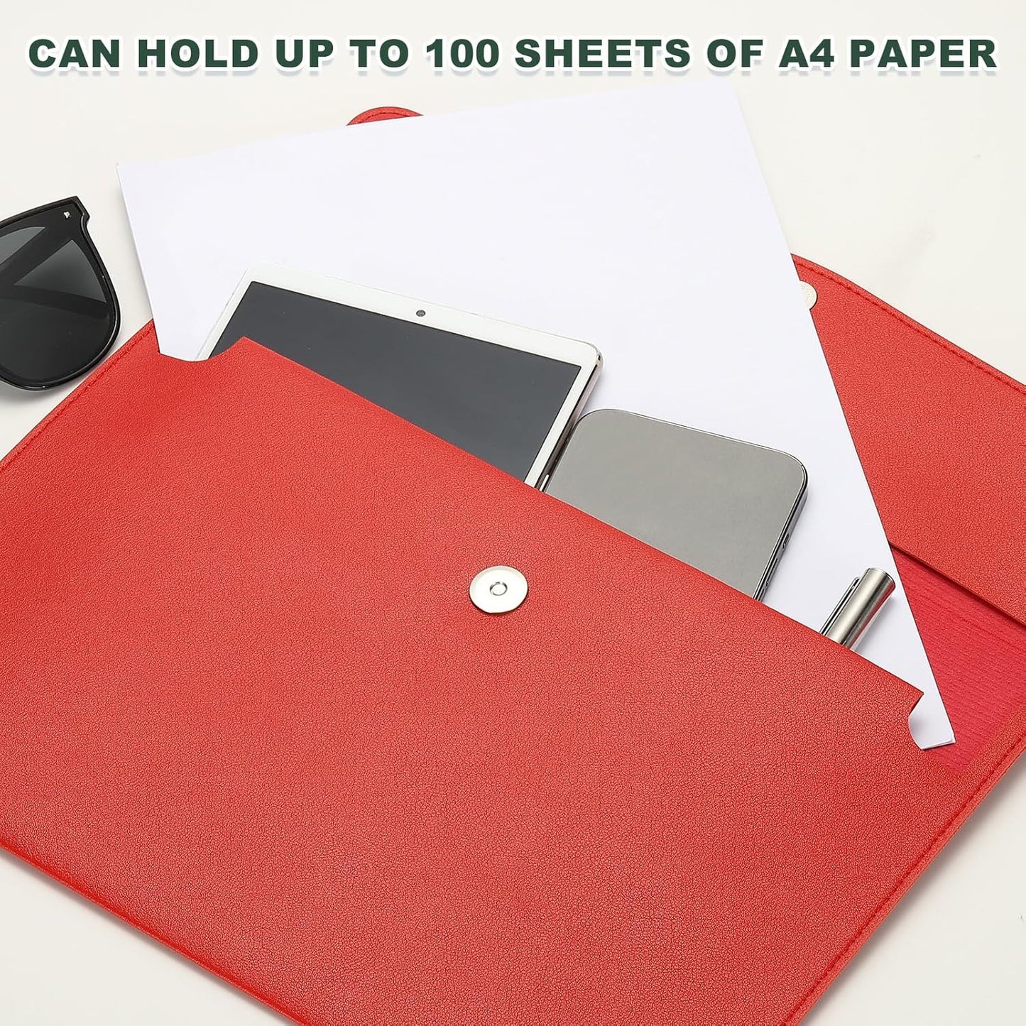 PATIKIL PU Leather A4 File Folder, Document Holder Filing Organizer Portfolio Envelope Folder Case with Snap Closure for Letter Receipt Style 2, Red