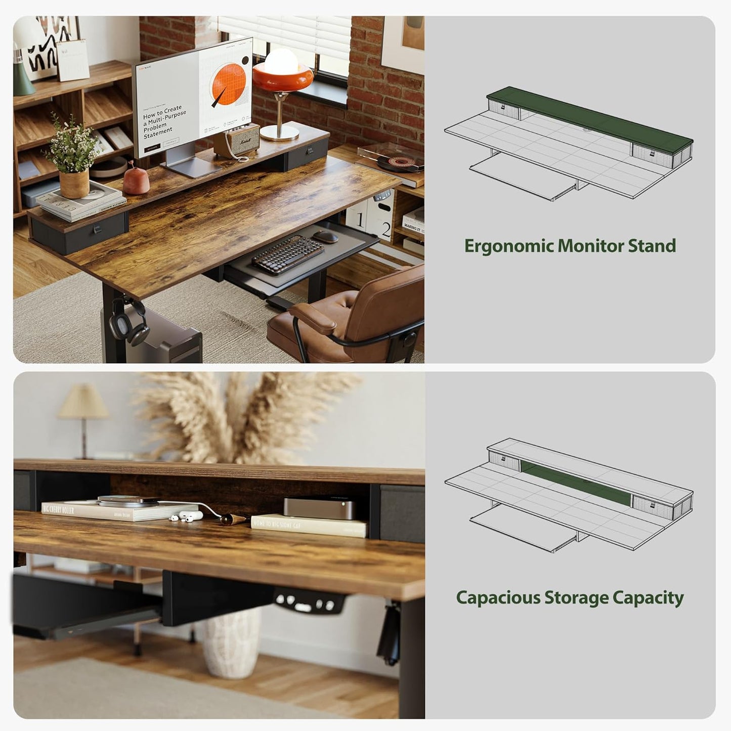 Agilestic Electric Standing Desk with 2 Drawers and Keyboard Tray, 48 x 23 Inches Ergonomic Adjustable Height Desk with Storage, Sit Stand Computer Workstation, Rustic Brown
