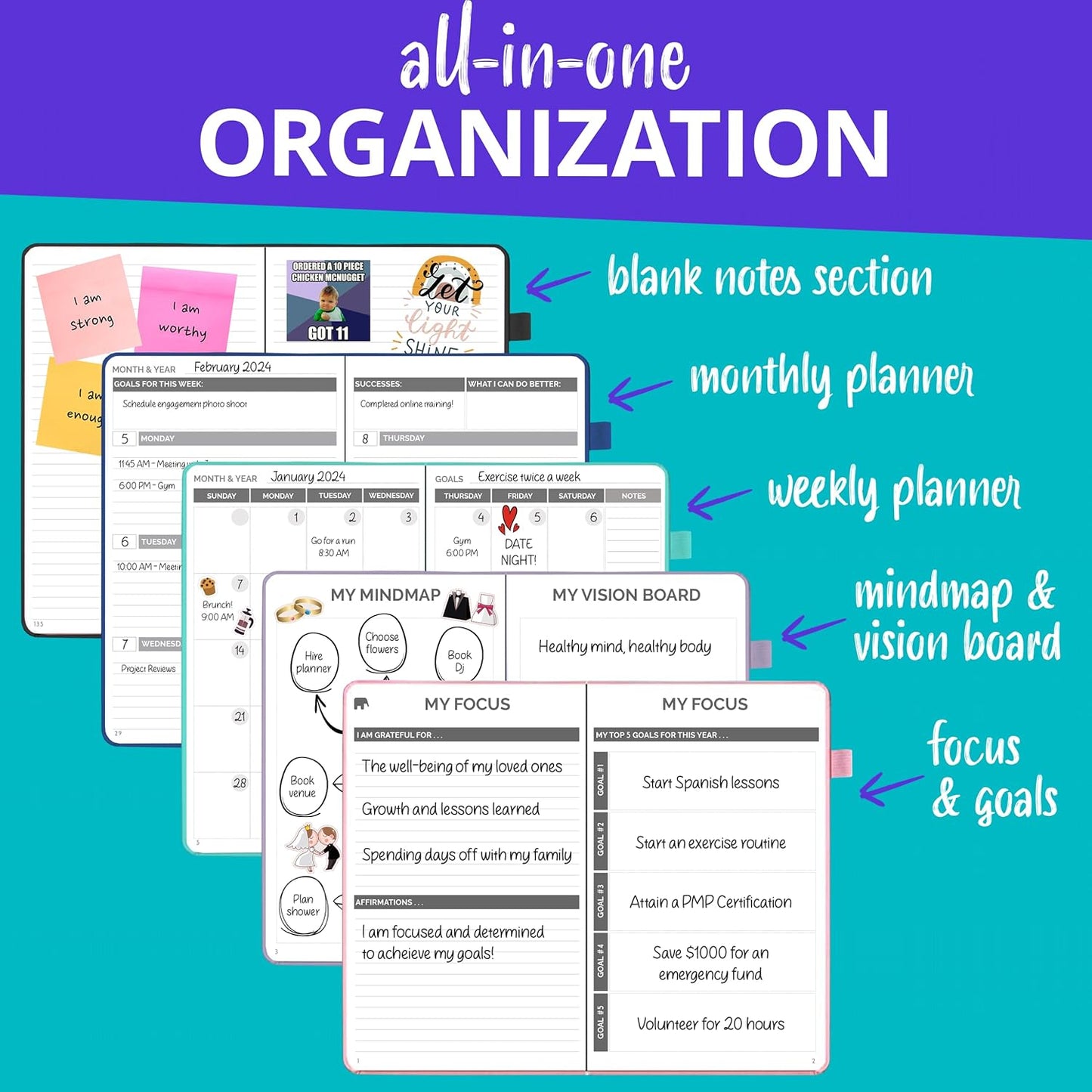 Elegant Undated Leather Planner for 2025-2026 – A sleek, faux leather planner designed to help you stay productive and organized with daily, weekly, and monthly layouts. Undated format lets you start anytime without wasted pages.