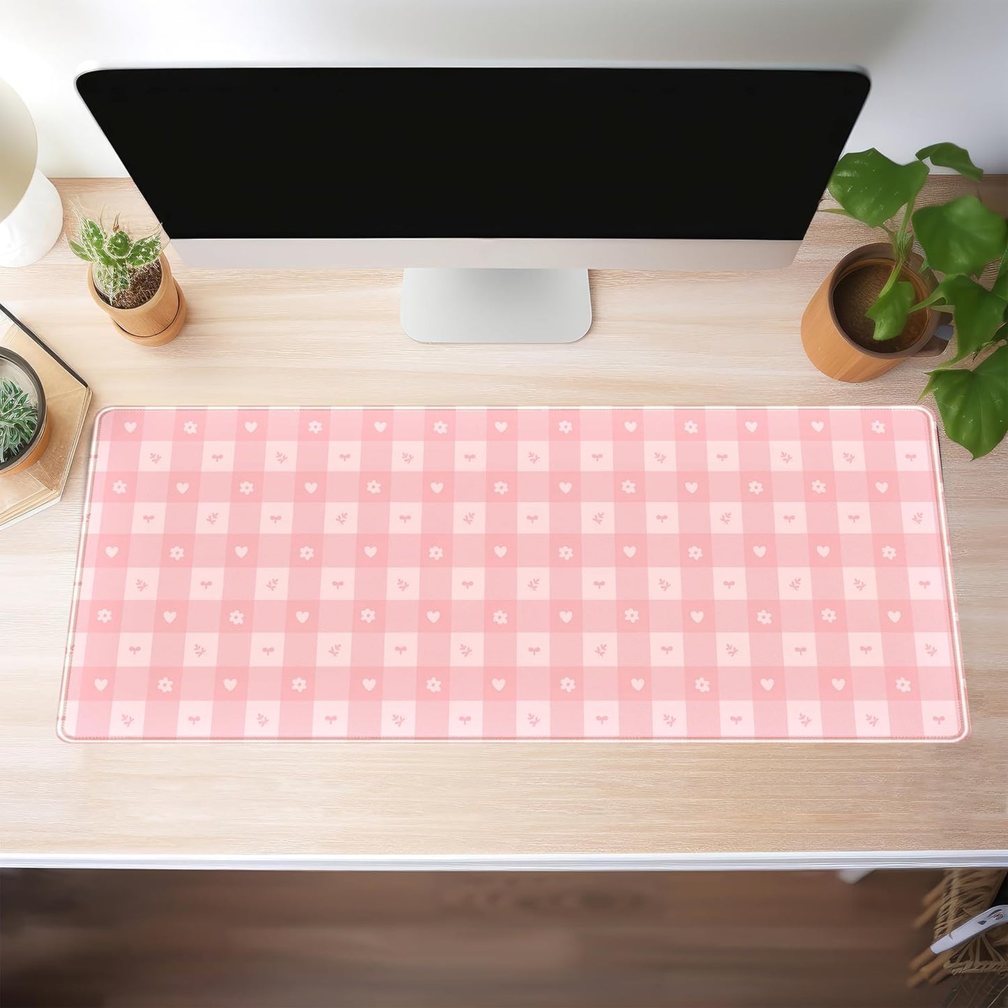 Pink Minimalist Gingham Floral Desk Mat Gaming Mouse Pad Large Cute Pastel Desk Pad Deskmat Kawaii, Women Office Desk Cover Mat, Laptop Computer Keyboard Mat Mousepad Desk Accessories 31.5"x11.8"