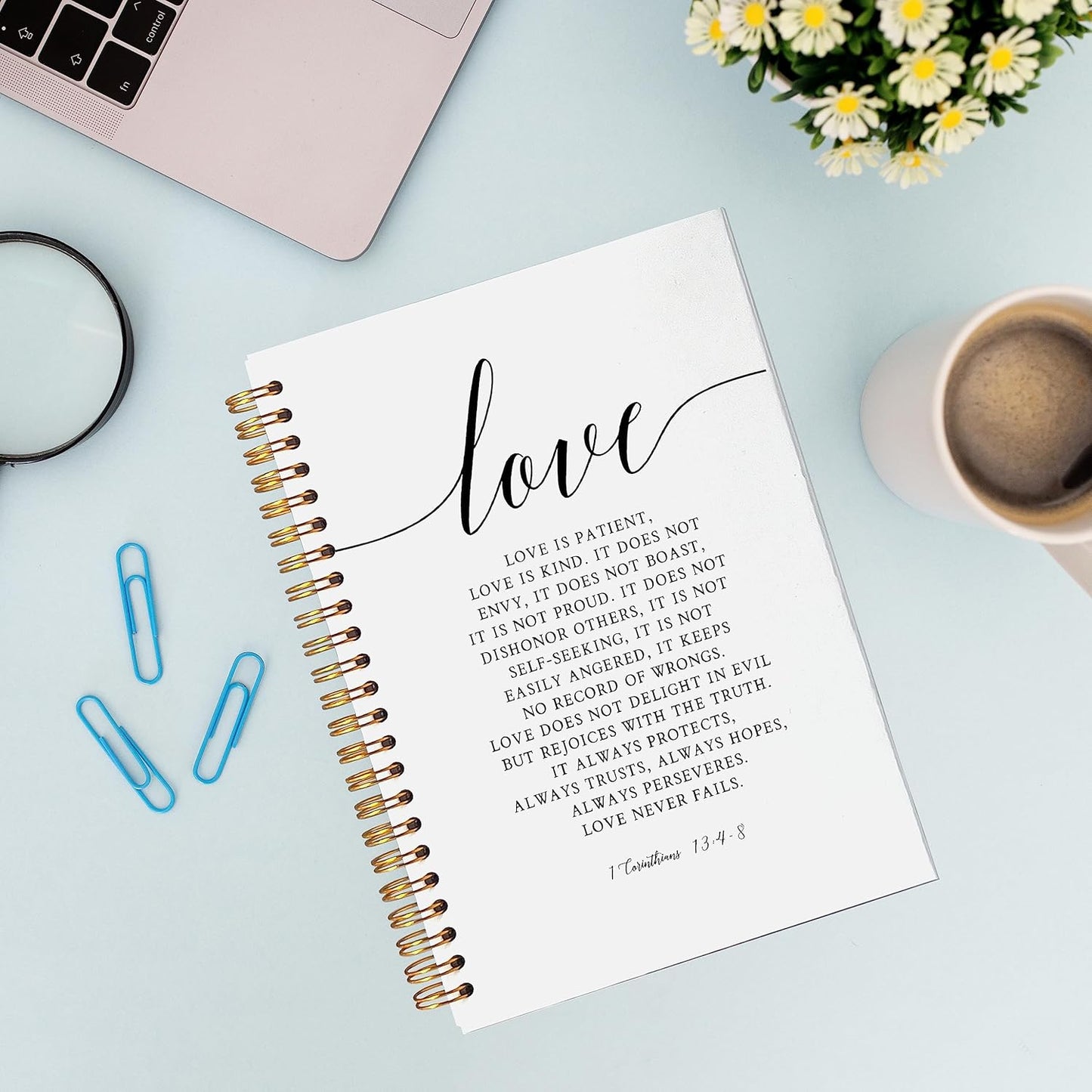 VNWEK Bible Scripture 1 Corinthians 13:4-8 Love Never Fails Spiral Notebook Journal 5.5 x 8.3 inches,Christian Lined Hardcover Spiral Notebook,Inspirational Christian Gifts for Women Men Faith Teens