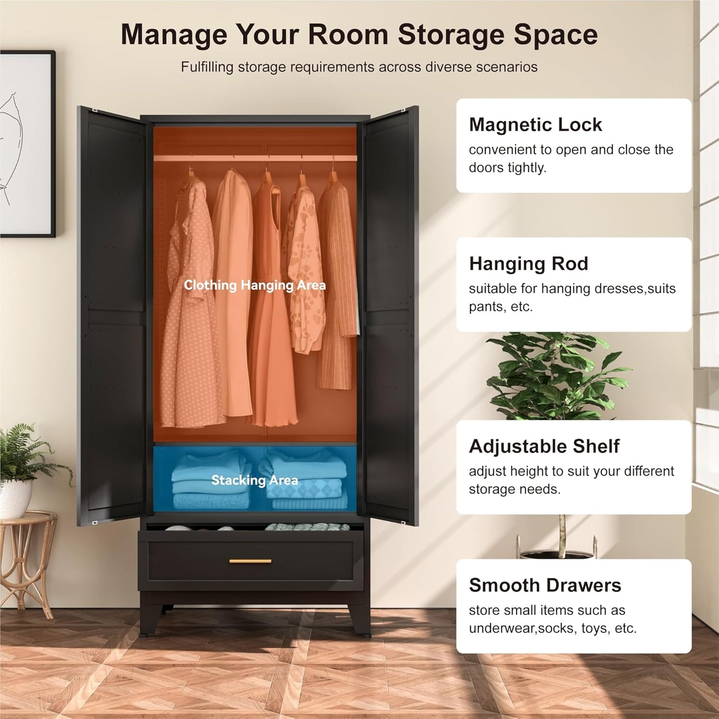 Farmhouse Wardrobe Cabinet with One Drawers,Metal Wardrobe Closet with Hanging Rod,Metal Armoire with Adjustable Shelves for Bedroom,Living Room, Cloak Room,Office (Blue)