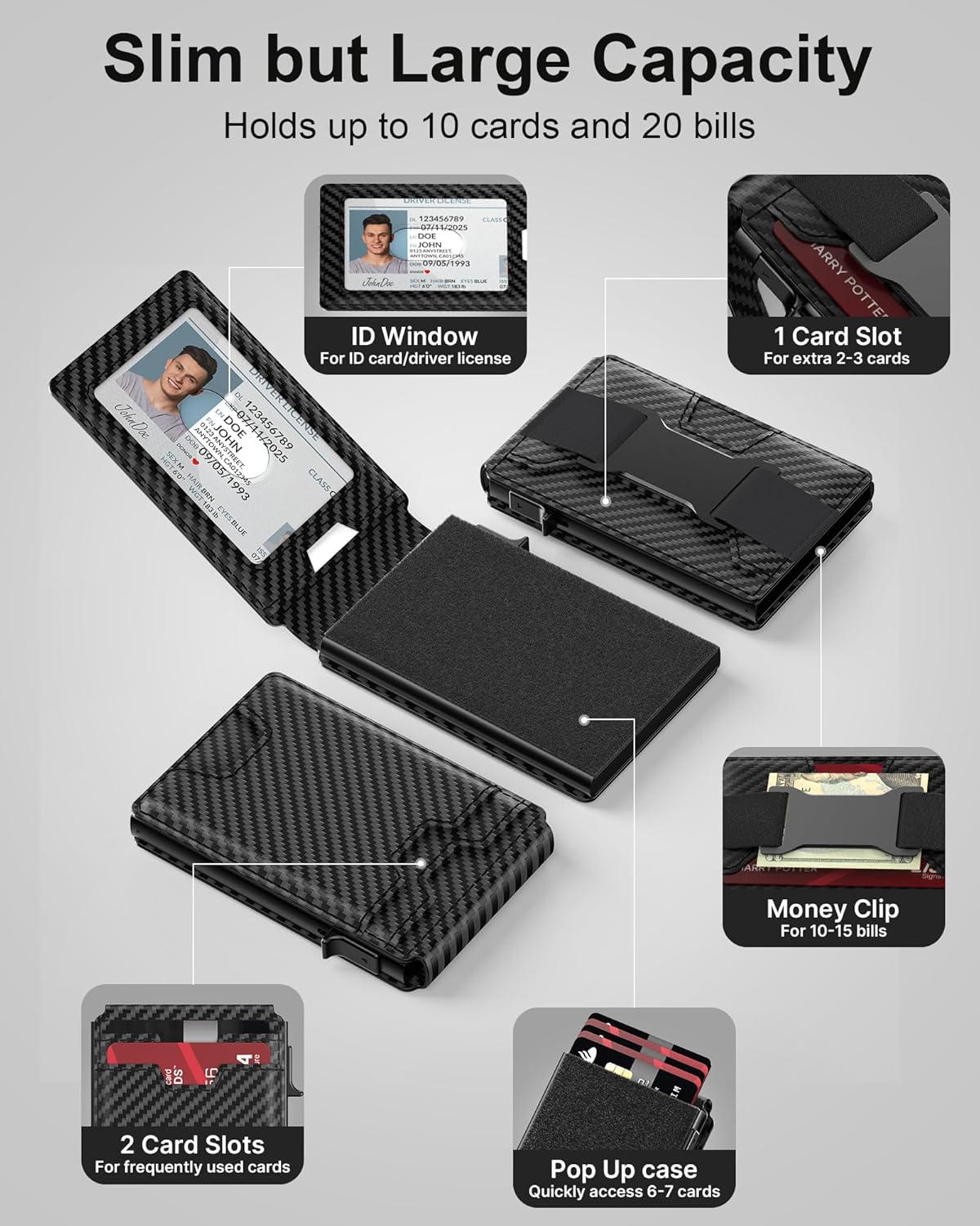 typecase Mens Wallet Card Holder: Pop Up Card Case, Genuine Leather, RFID Blocking, Smart, Slim, Minimalist, Thin - 13 Card Capacitiy, ID Window, Cash Strap (Carbon Fiber)