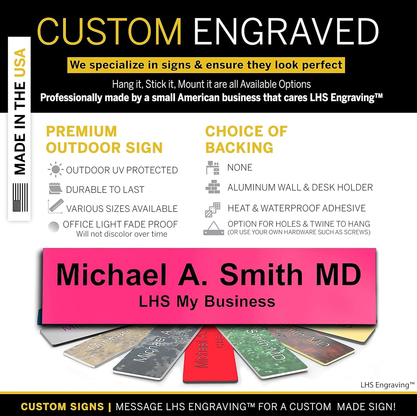 Door Name Plate Personalized for Office Pink Plastic Name Plate Black Letters - Made in USA 2x4 B12