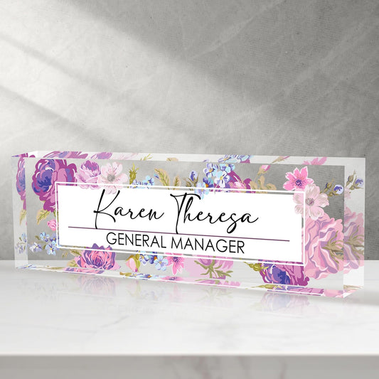 Custom Office Name Plate for Desk, Personalized Gifts for Women, Appreciation Gifts for Employee Coworkers Boss Teacher, Office Accessories (Hundred Flowers)