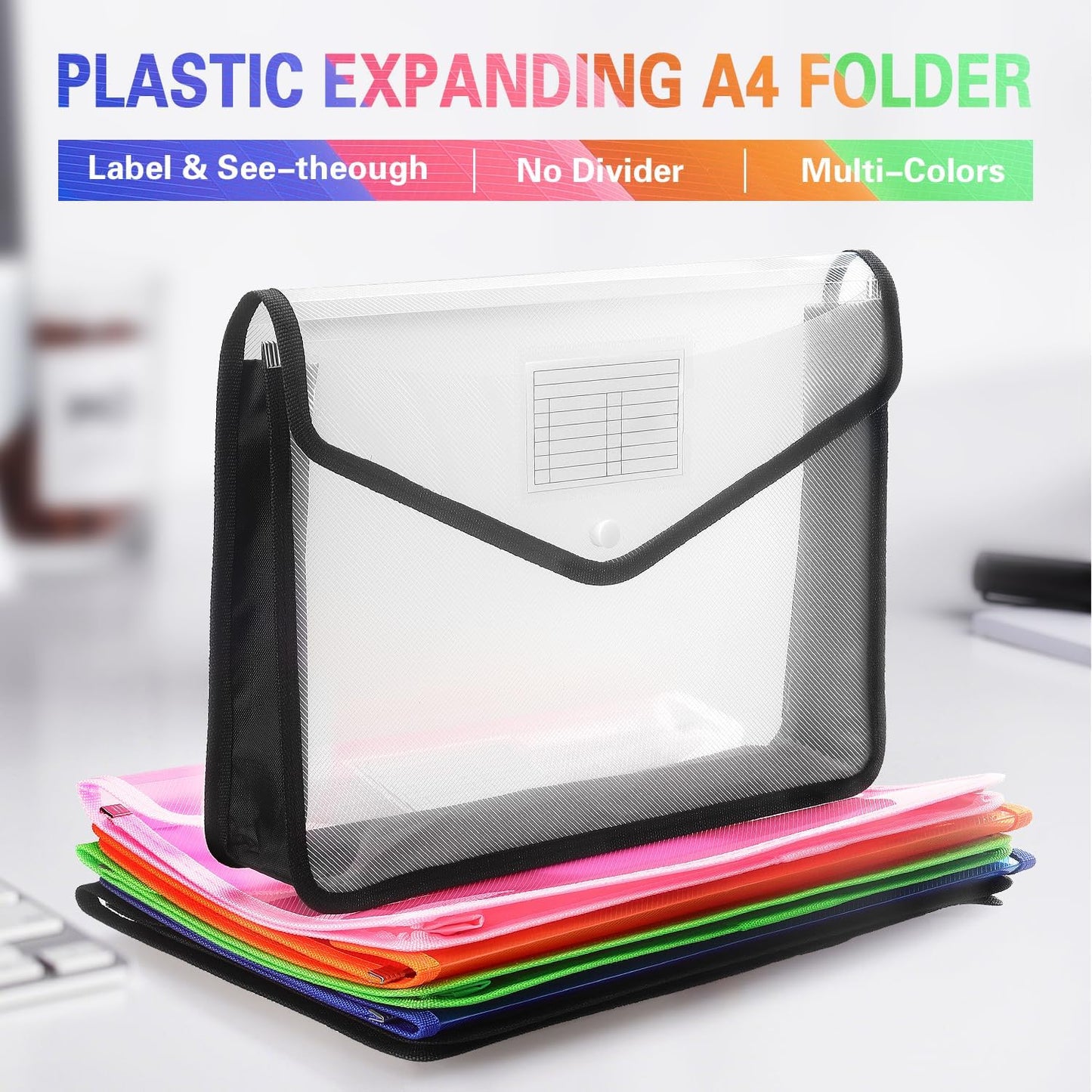 Plastic Expanding File Folder, Transparent envelopes with Snap Closure, No Dividers, Large Capacity, Fit Letter/A4 Size (Black)
