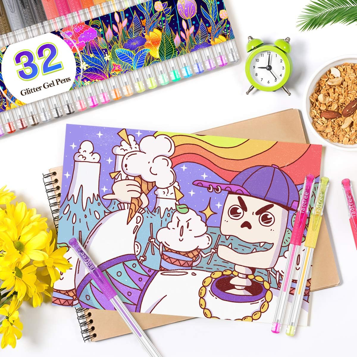 Taotree Glitter Gel Pens, 32 Colors Neon Glitter Pens Fine Tip Art Markers Set 40% More Ink Colored Gel Marker for Adult Coloring Book, Kids Drawing Art Supplies, Scrapbook, Journaling, Sparkle Gifts