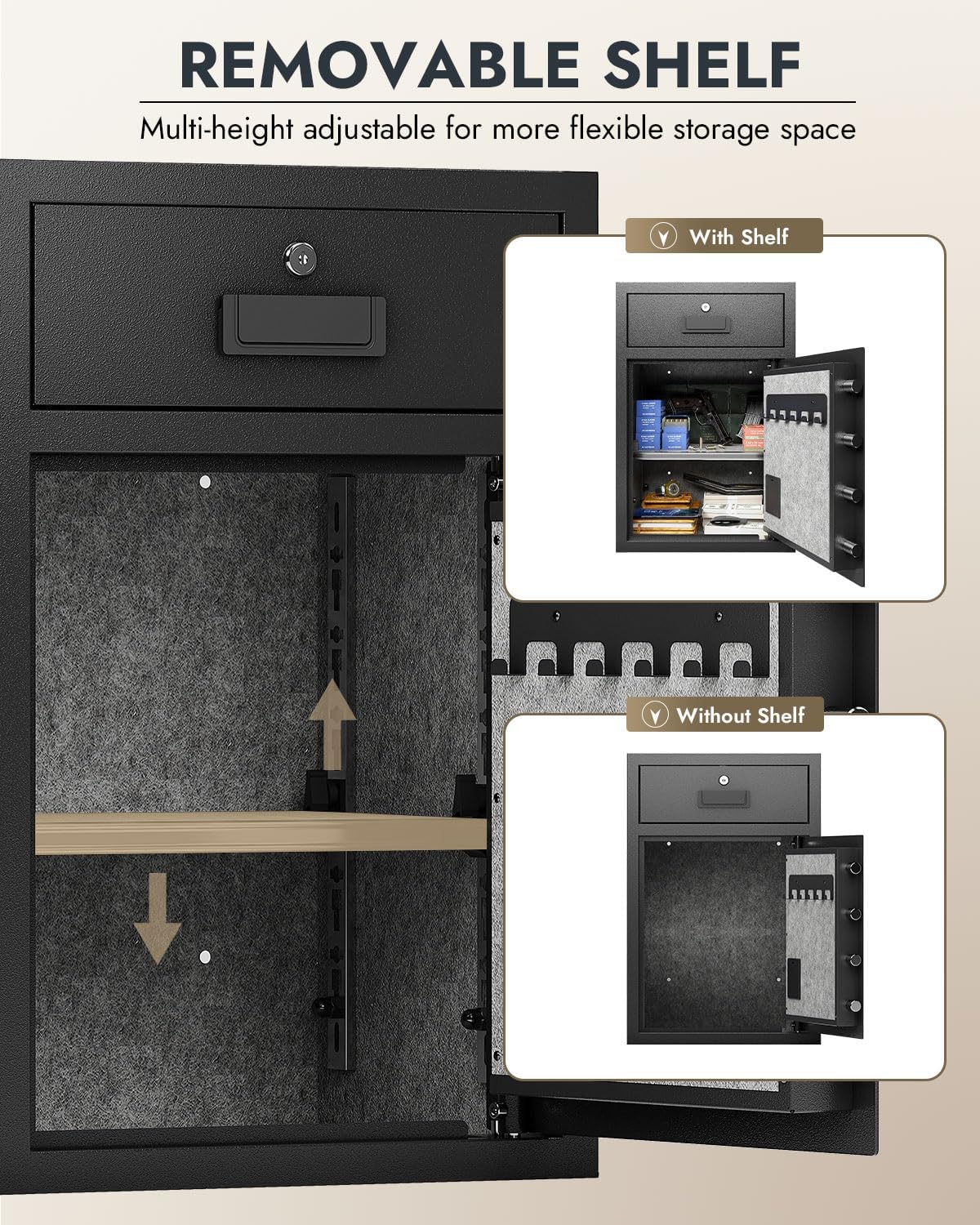 5.1Cuft Safe Box with Drawer Fireproof Waterproof Bag, 3 Unlock Methods, Vibration Alert & Silent Mode, M oney box Safe for Home, Office, Valuables