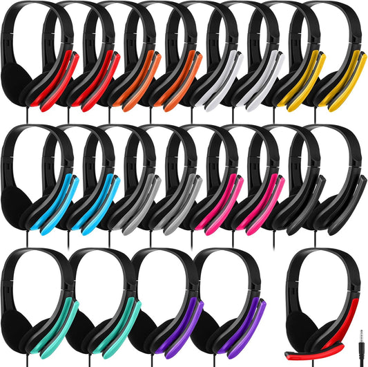 Yunsailing 20 Pack Bulk Classroom Headphones with Microphone Students Kids Wired School Class Set Headphones for School Library Computer Office Adults 3.5 Jack Universal Plug(Multicolor)